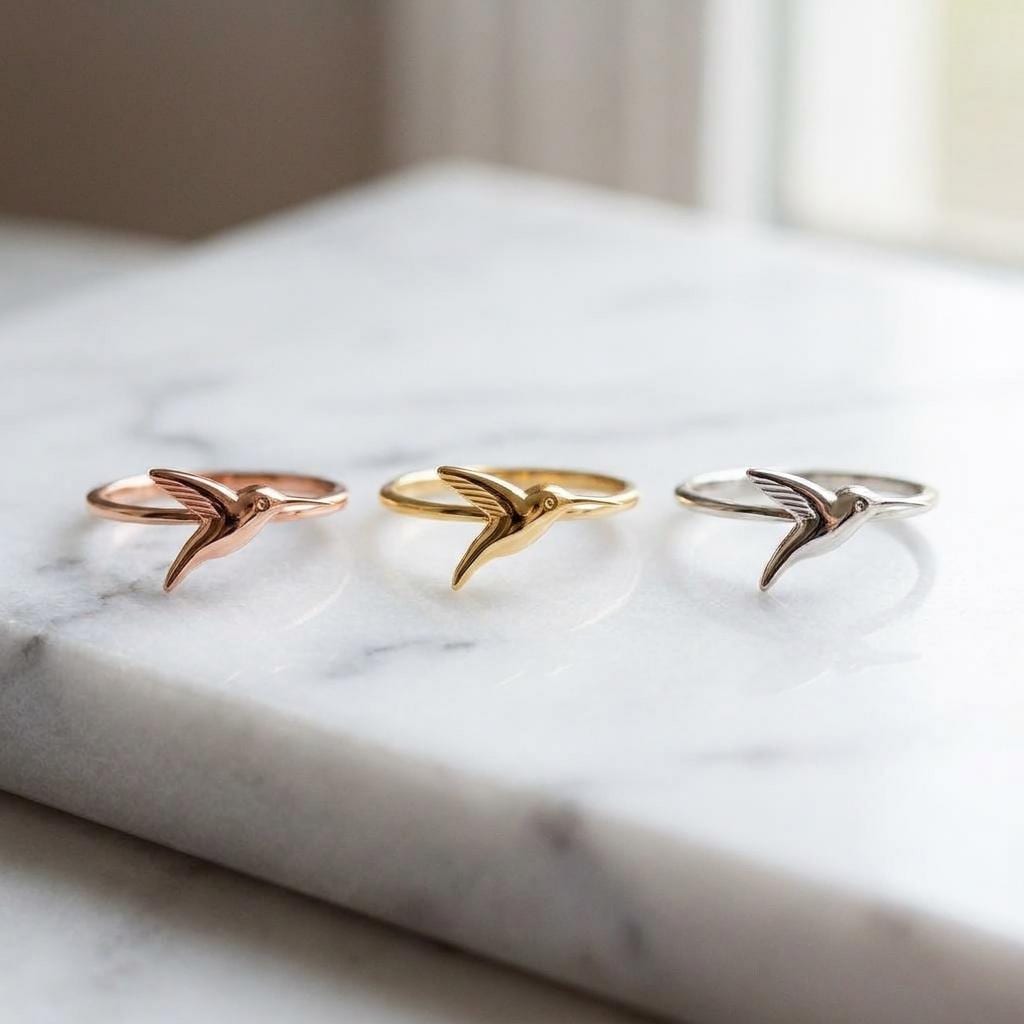 Solid Yellow Gold Minimalist Hummingbird Ring Dainty Bird Jewelry