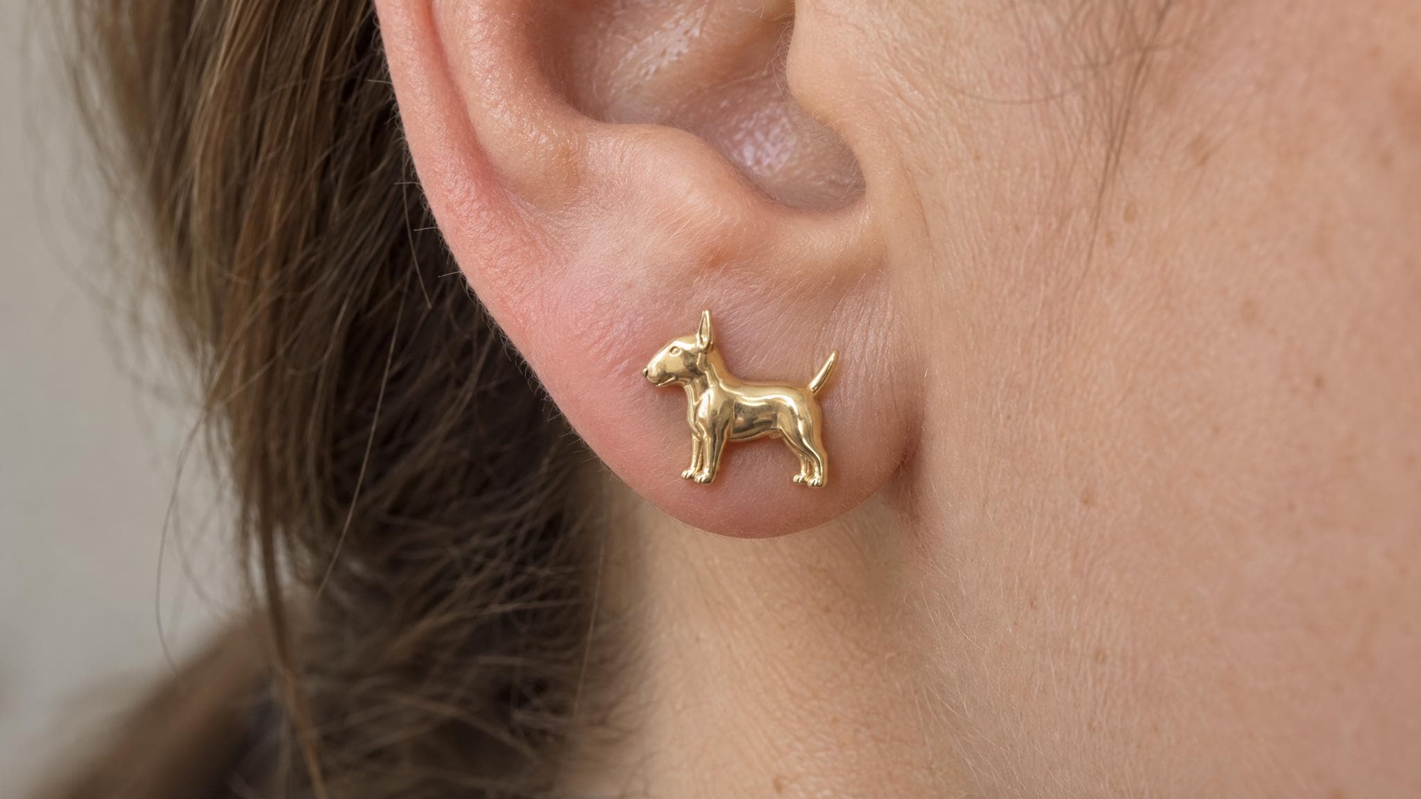 14k Solid Gold Bull Terrier Earrings: Terrier Dog Jewelry Studs in Yellow Gold, Rose, White, or Silver