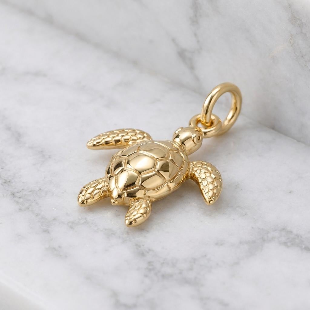 Solid Gold Sea Turtle Bracelet Charm in Yellow, Rose, White Gold or Sterling Silver