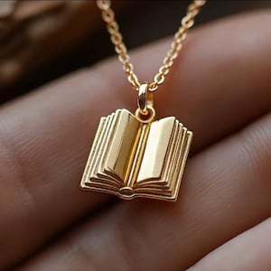 Halsband med bok i guld Läsarhänge i gult guld Bokhalsband Minimalistisk läsarberlock i massivt guld Elegant boksmycke bild 1