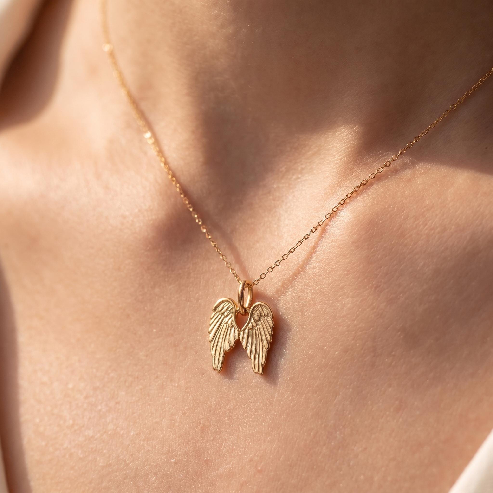 Gold Angel Charm Necklace Yellow Gold Angel Wings Pendant Angel Necklace Solid Gold Minimalist Angel Wings Dainty Charm