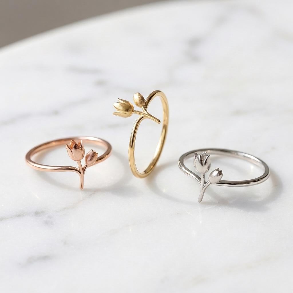 Dainty Solid Yellow Gold Tulip Ring Minimalist Flower Jewelry