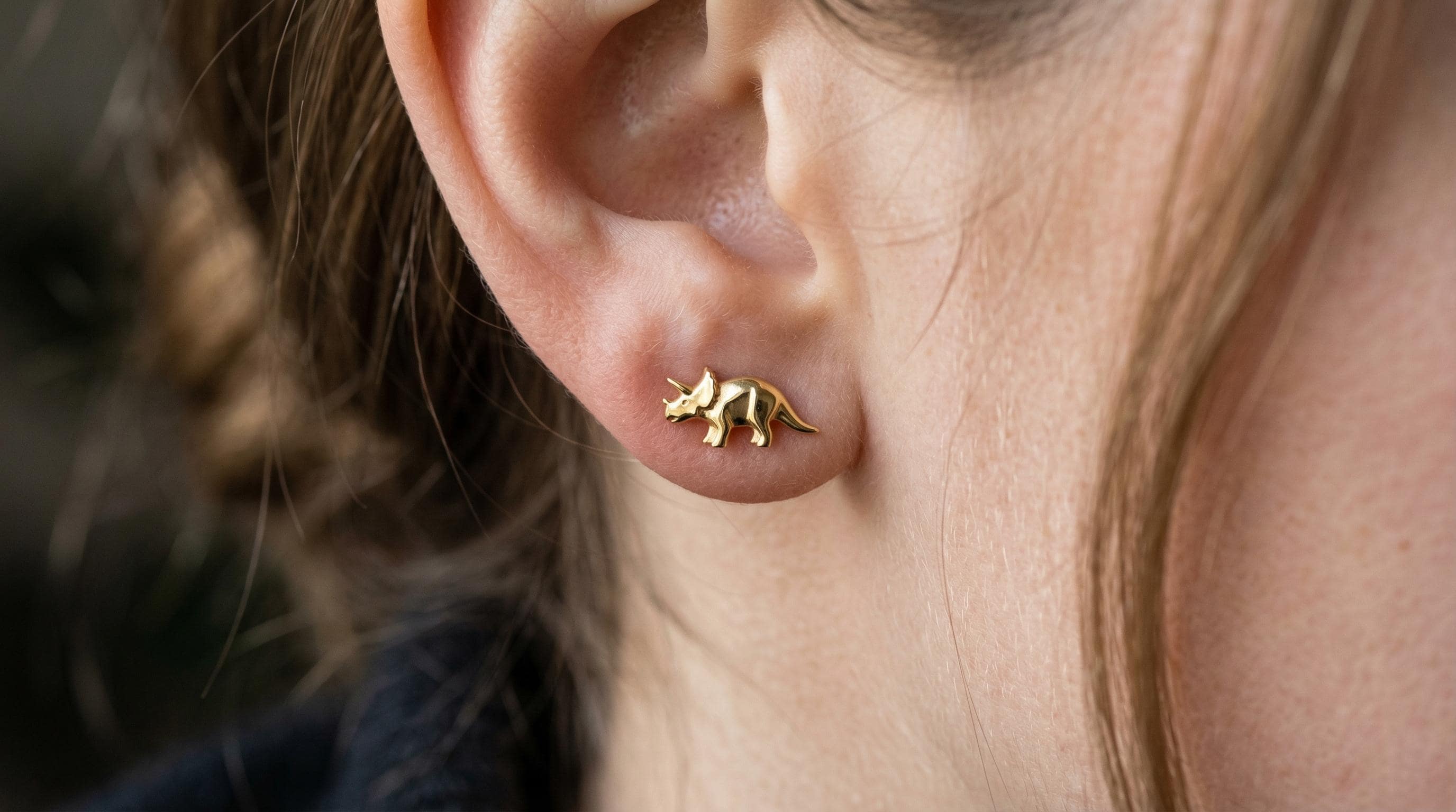 14k Solid Gold Triceratops Earrings: Triceratops Dinosaur Jewelry Studs in Yellow Gold, Rose, White, or Silver