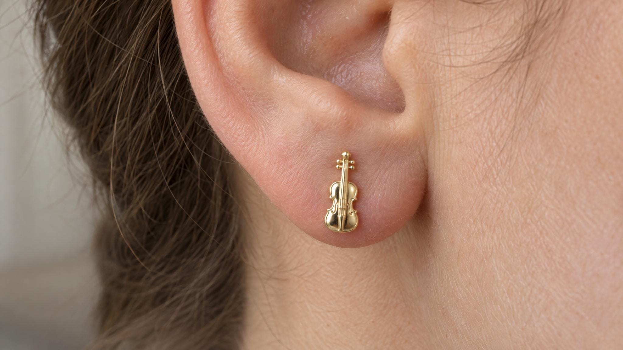 14k Solid Gold Violin Earrings: String Instrument Jewelry Studs in Yellow Gold, Rose, White, or Silver