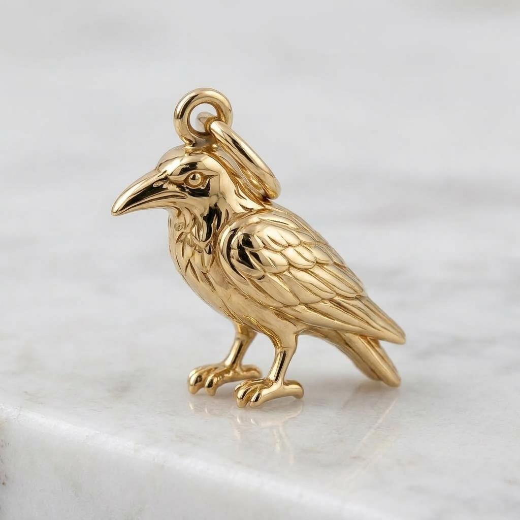 Solid Gold Raven Bracelet Charm in Yellow, Rose, White Gold or Sterling Silver