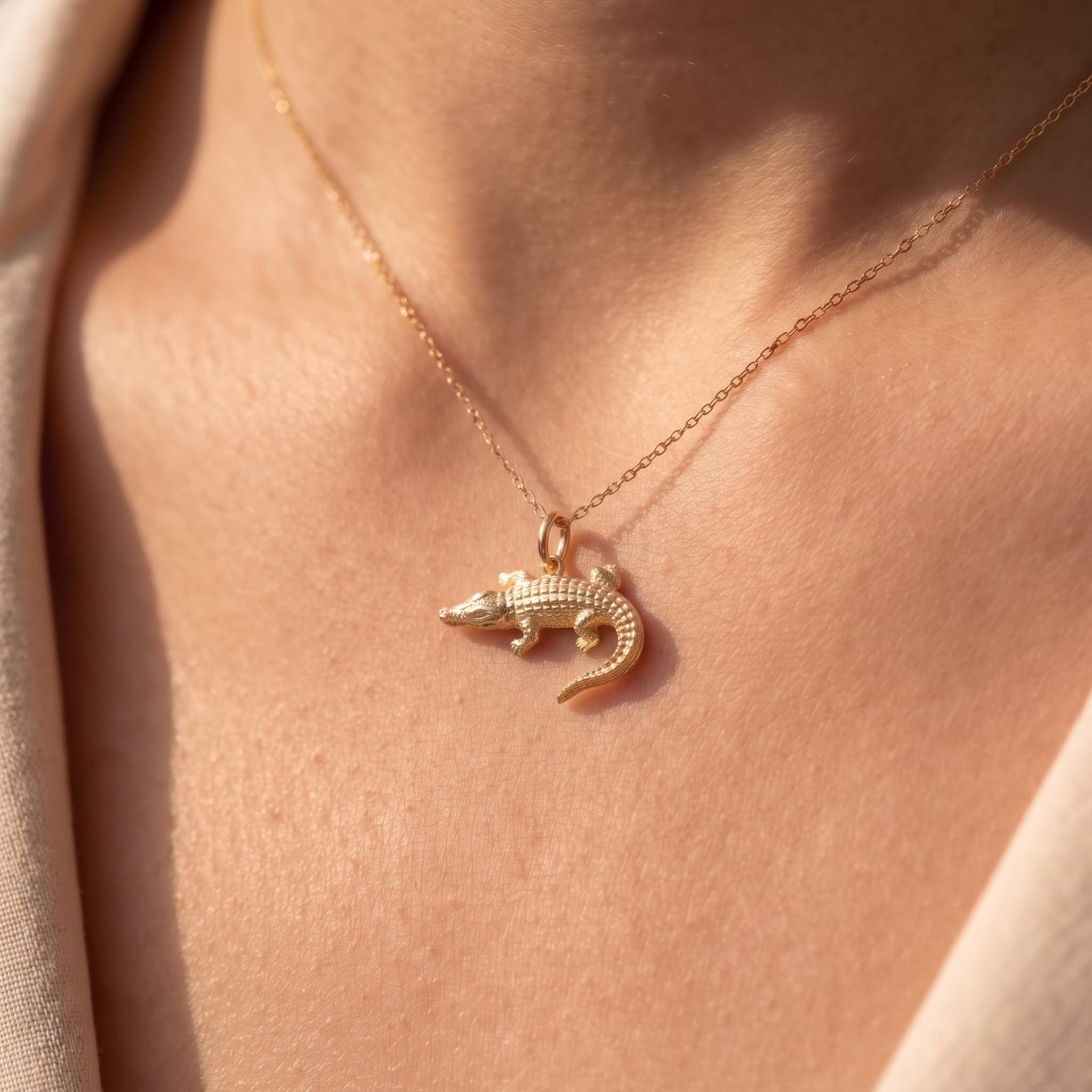Gold Alligator Charm Necklace: Minimalist Florida Reptile Crocodile Gator Pendant