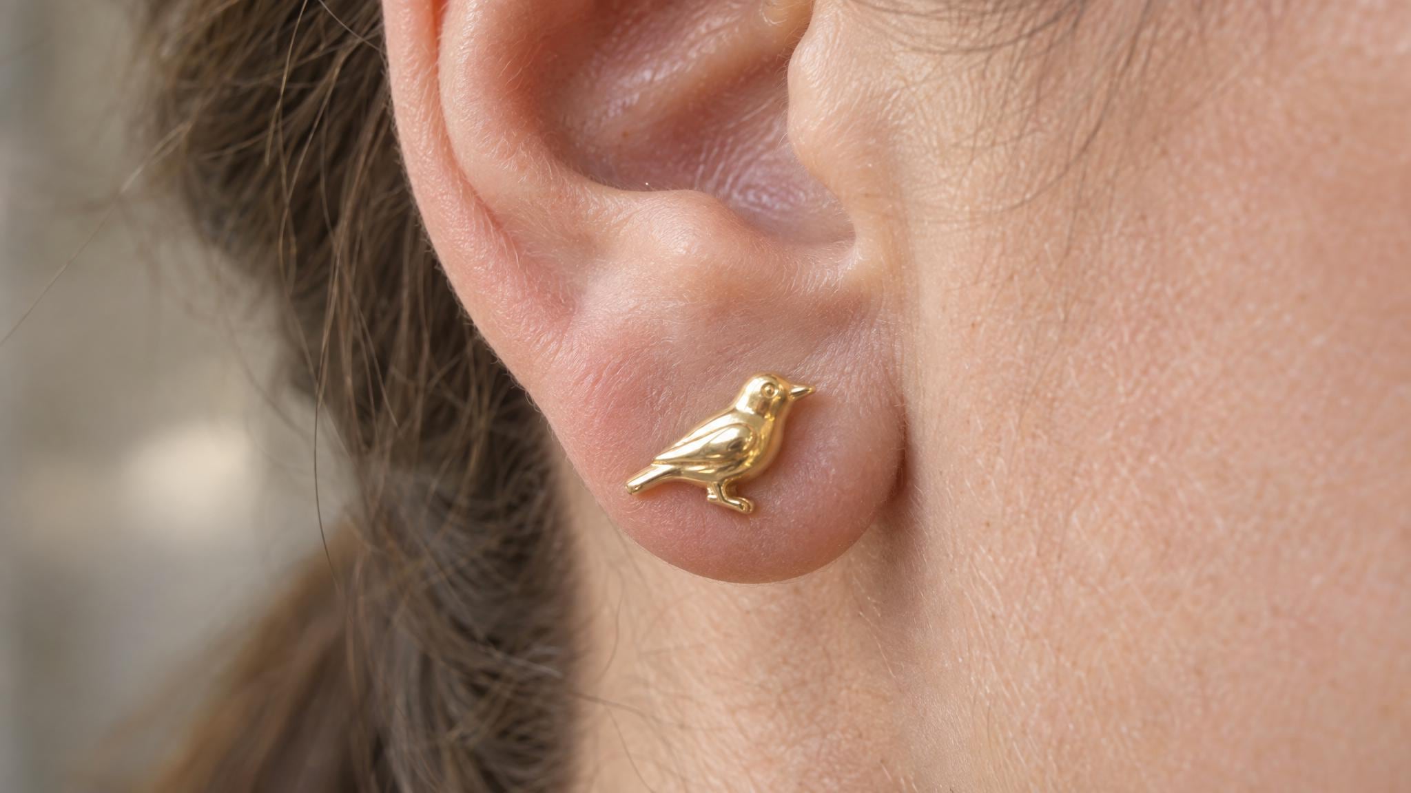 14k Solid Gold Nuthatch Earrings: Small Bird Jewelry Studs in Yellow Gold, Rose, White, or Silver