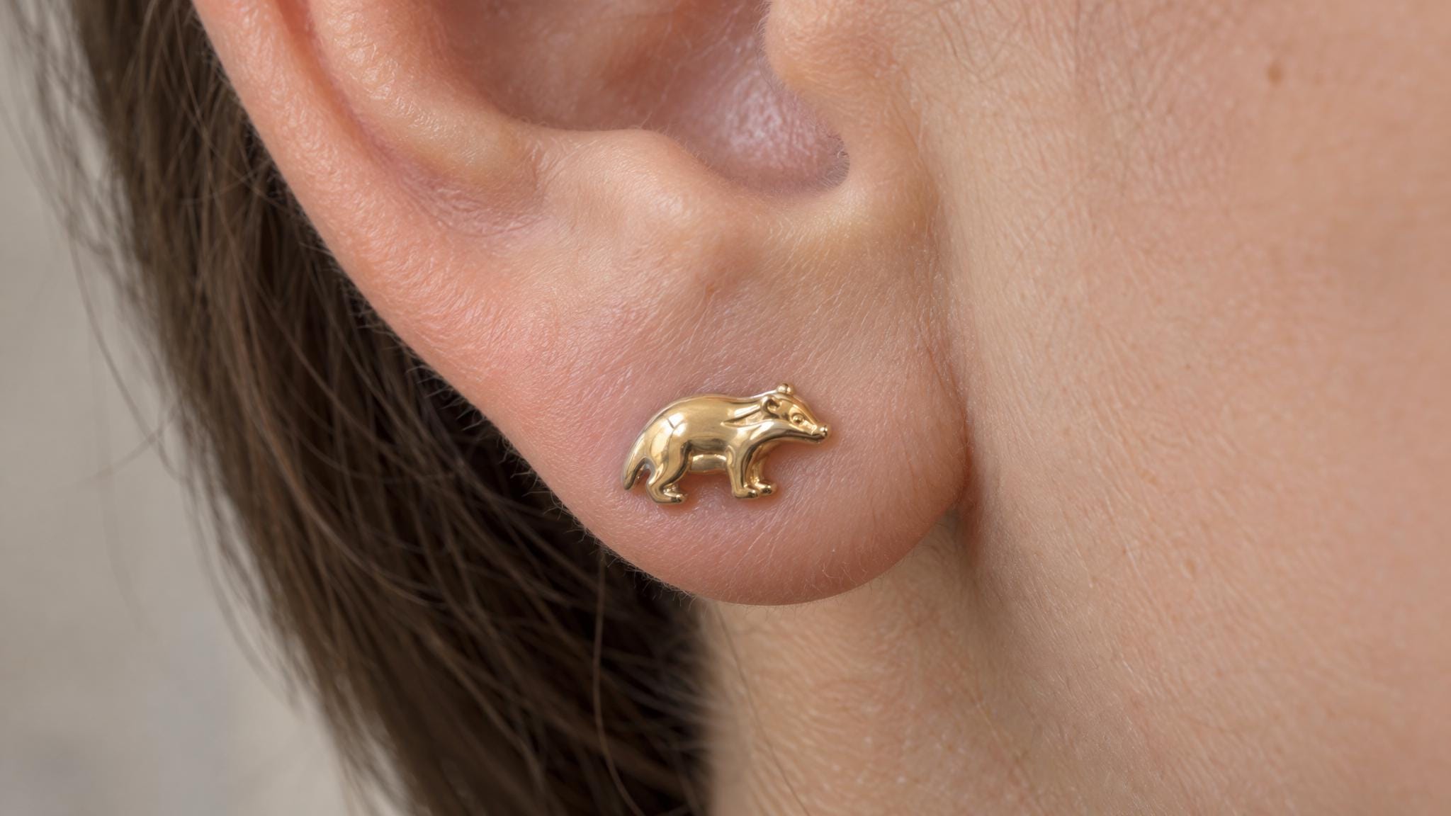 14k Solid Gold Badger Earrings: Woodland Animal Jewelry Studs in Yellow Gold, Rose, White, or Silver