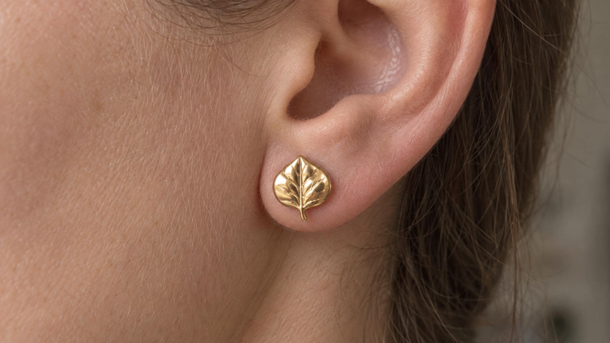 14k Solid Gold Aspen Leaf Earrings: Nature Inspired Studs in Yellow Gold, Rose, White, or Silver