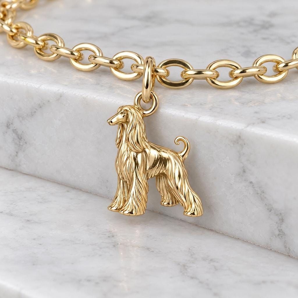 Solid Gold Afghan Hound Bracelet Charm in Yellow, Rose, White Gold or Sterling Silver