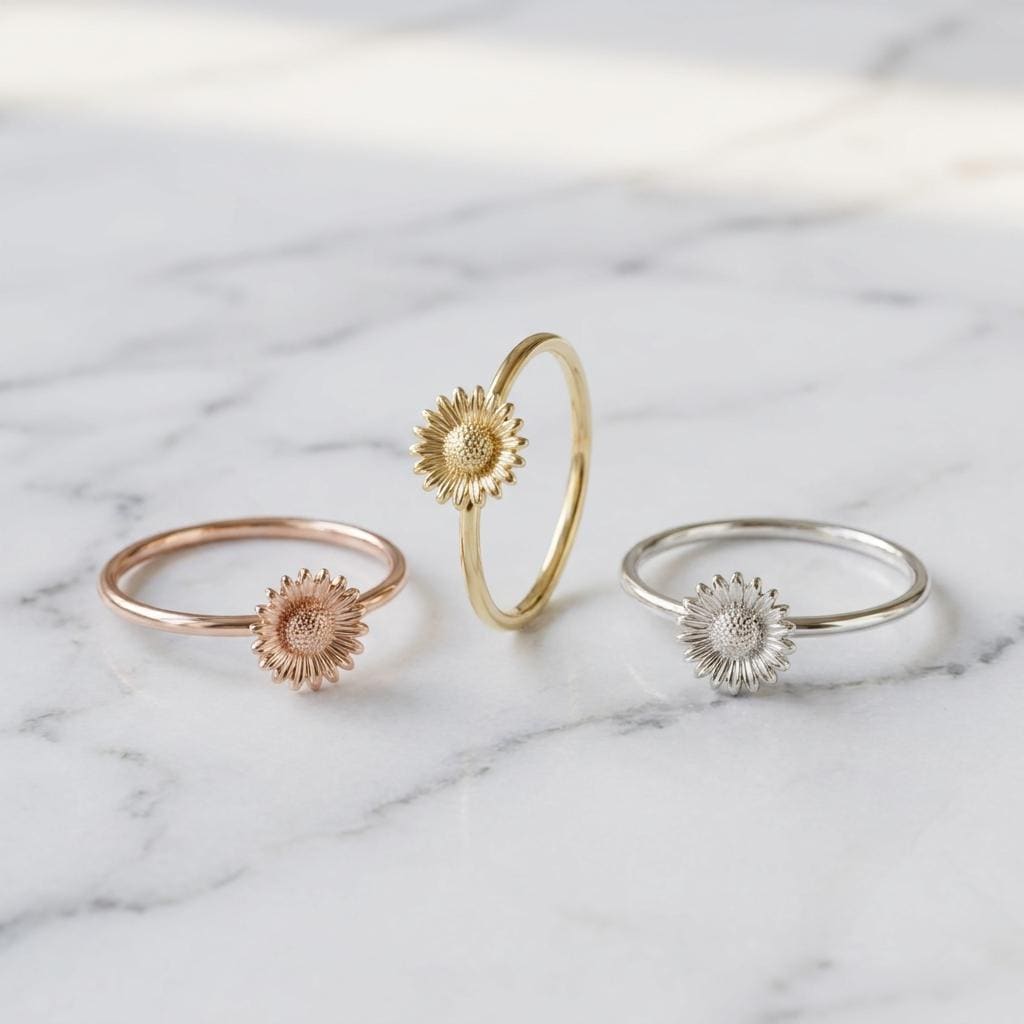 Solid Yellow Gold Minimalist Sunflower Ring Dainty Textured Flower Band