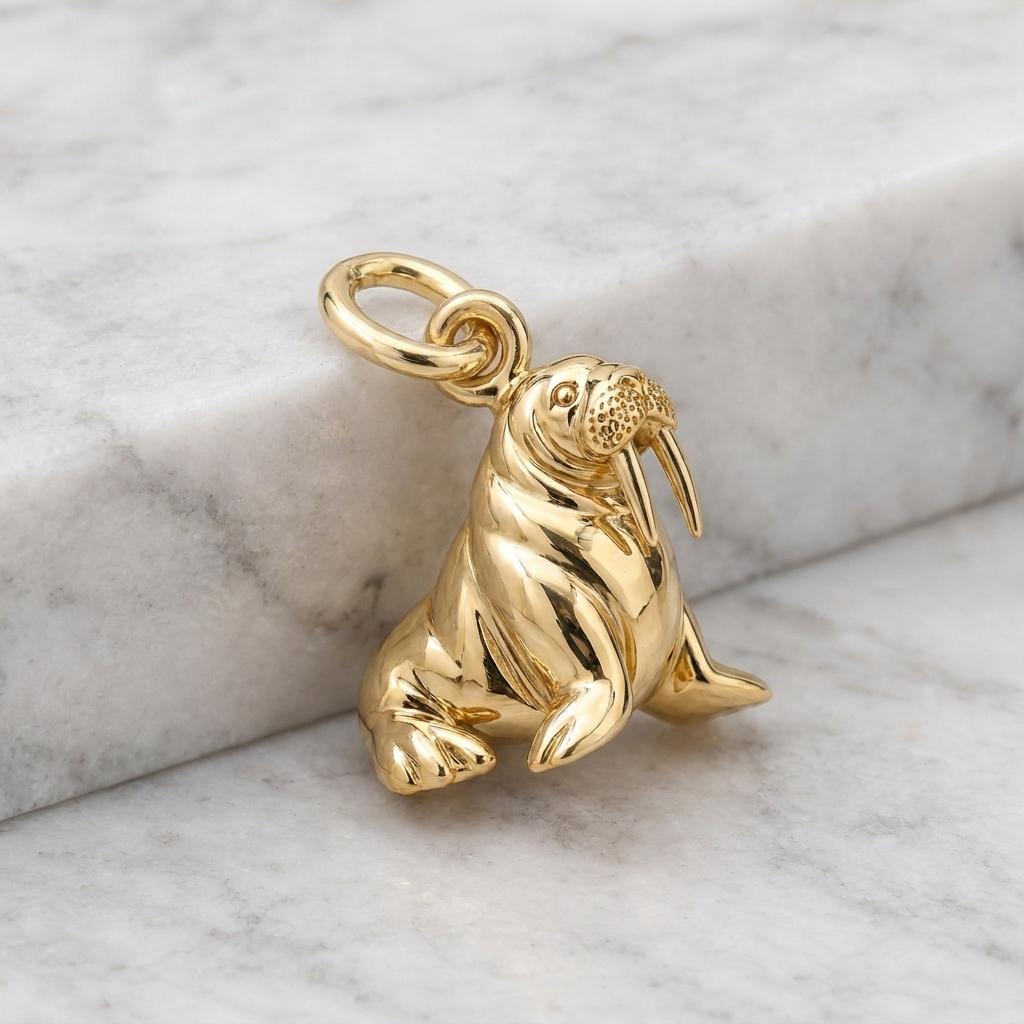 Solid Gold Walrus Bracelet Charm in Yellow, Rose, White Gold or Sterling Silver