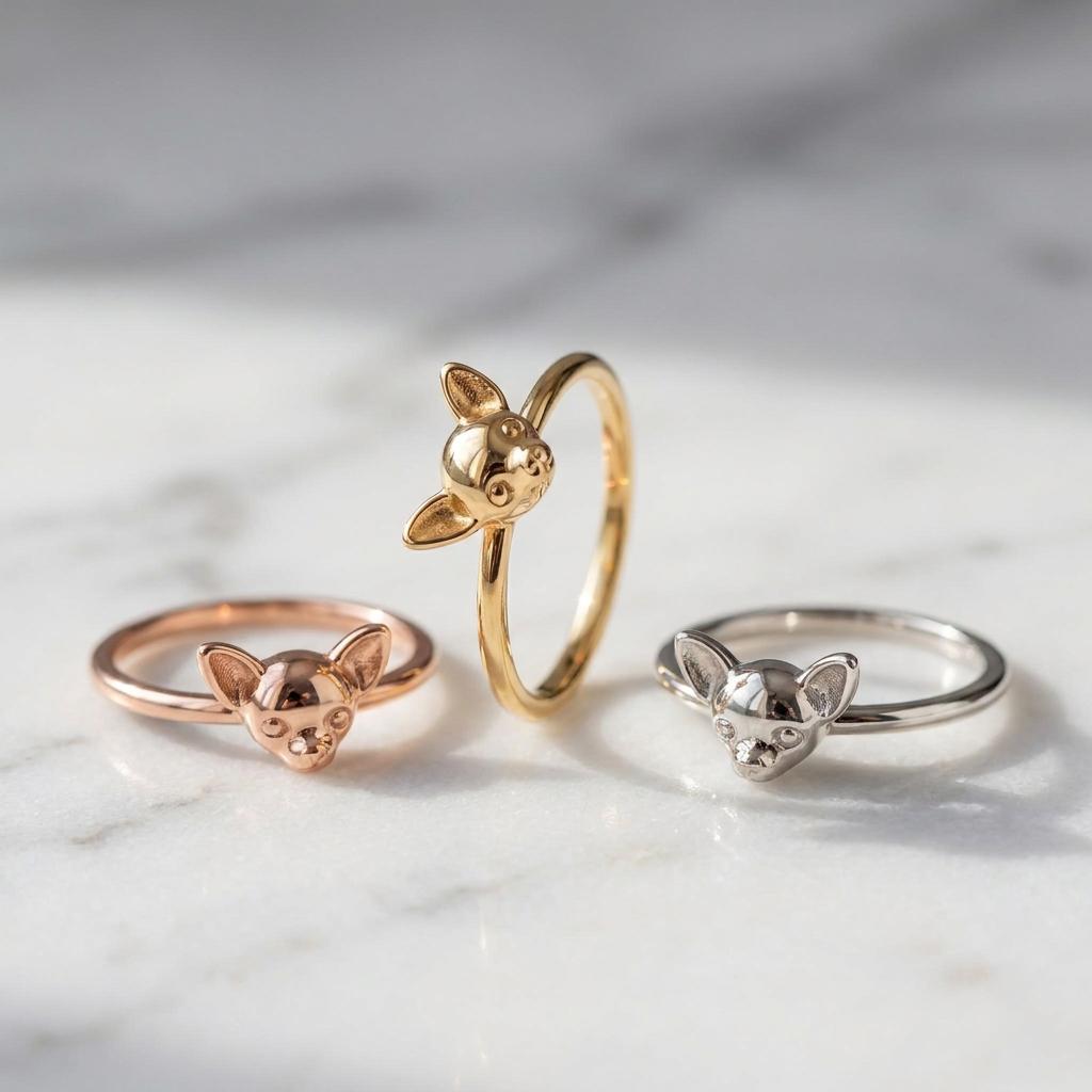 Solid Yellow Gold Minimalist Chihuahua Ring Dainty Dog Jewelry