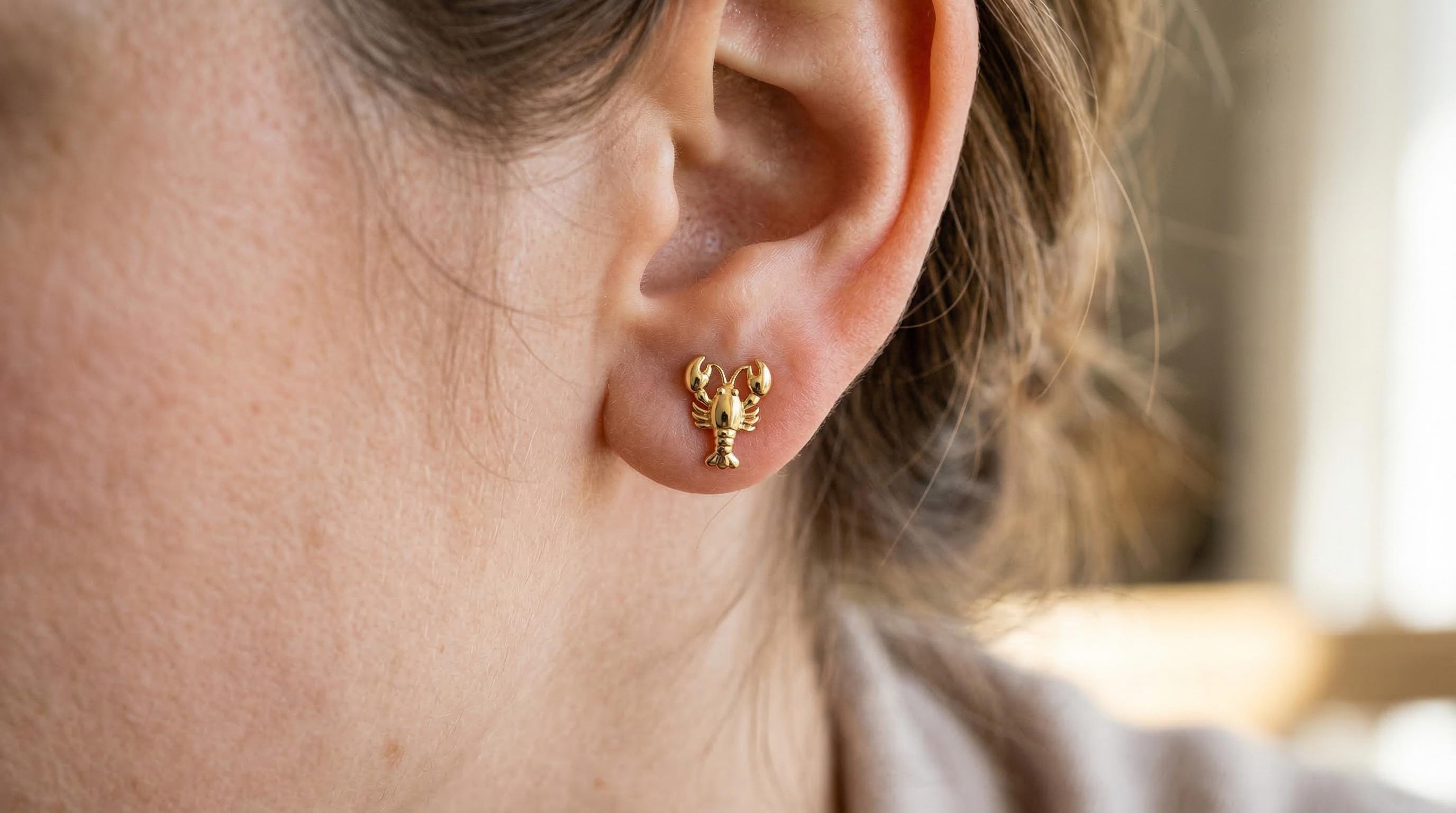 14k Solid Gold Lobster Earrings: Ocean Jewelry Studs in Yellow Gold, Rose, White, or Silver