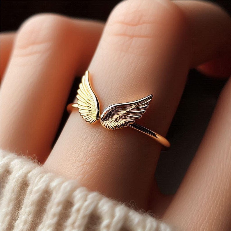 Angel Wings Ring Yellow Gold Minimalist Angel Ring Gold Angel Wings Jewelry Dainty Angel Ring Solid Gold Ring Gold White Gold Rose Gold image 1