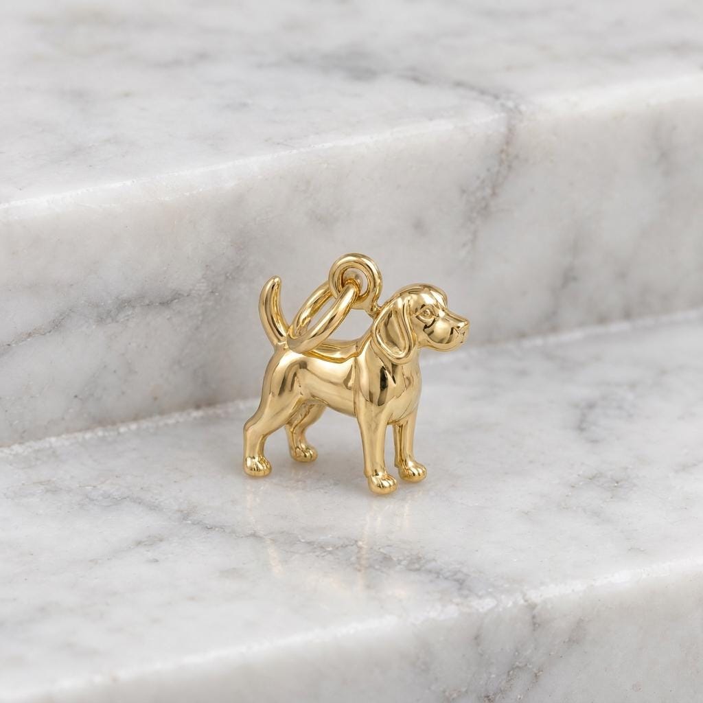 Solid Gold Beagle Bracelet Charm in Yellow, Rose, White, or Sterling Silver