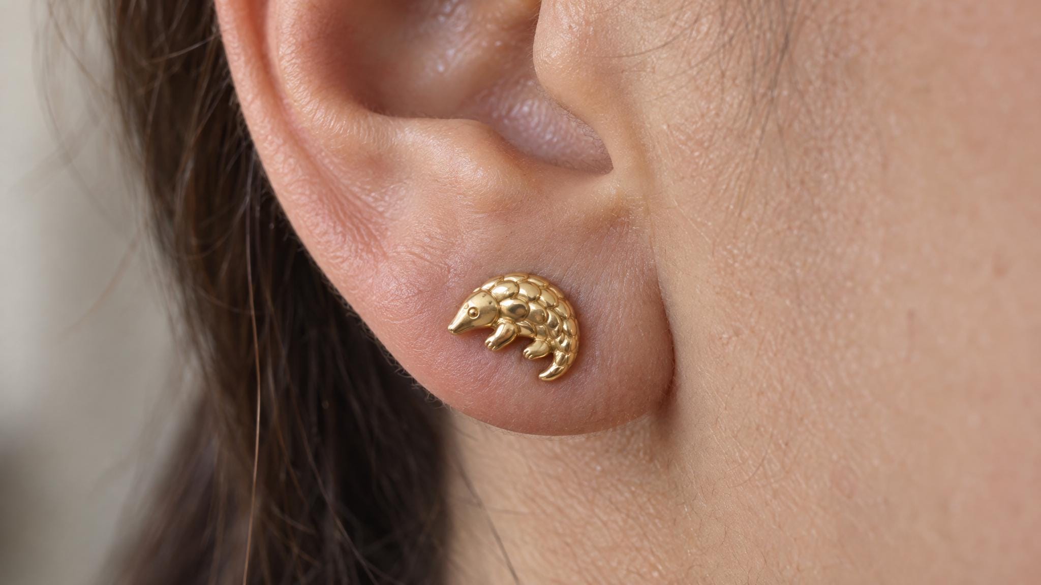 14k Solid Gold Pangolin Earrings: Scaly Armor Jewelry Studs in Yellow Gold, Rose, White, or Silver