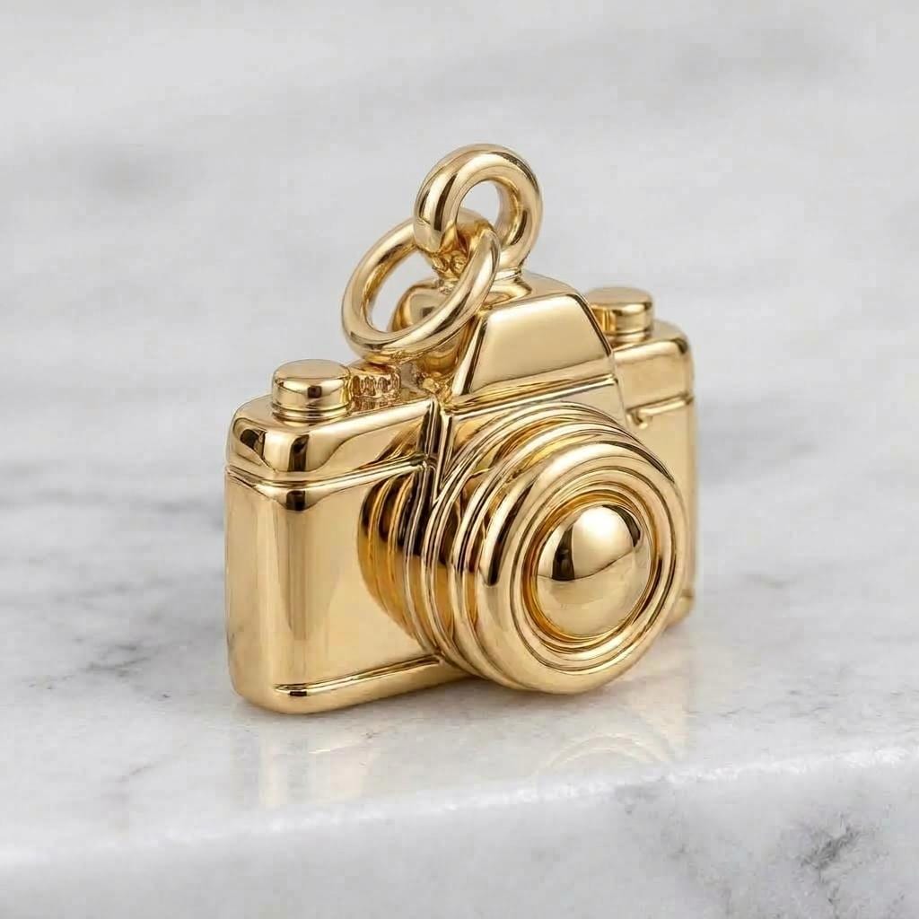 Solid Gold Camera Bracelet Charm in Yellow, Rose, White Gold or Sterling Silver