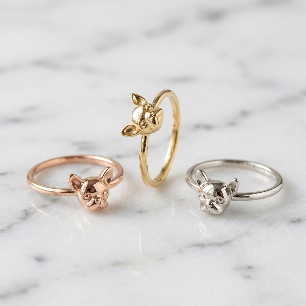Dainty Solid Yellow Gold Boston Terrier Ring Minimalist Dog Jewelry