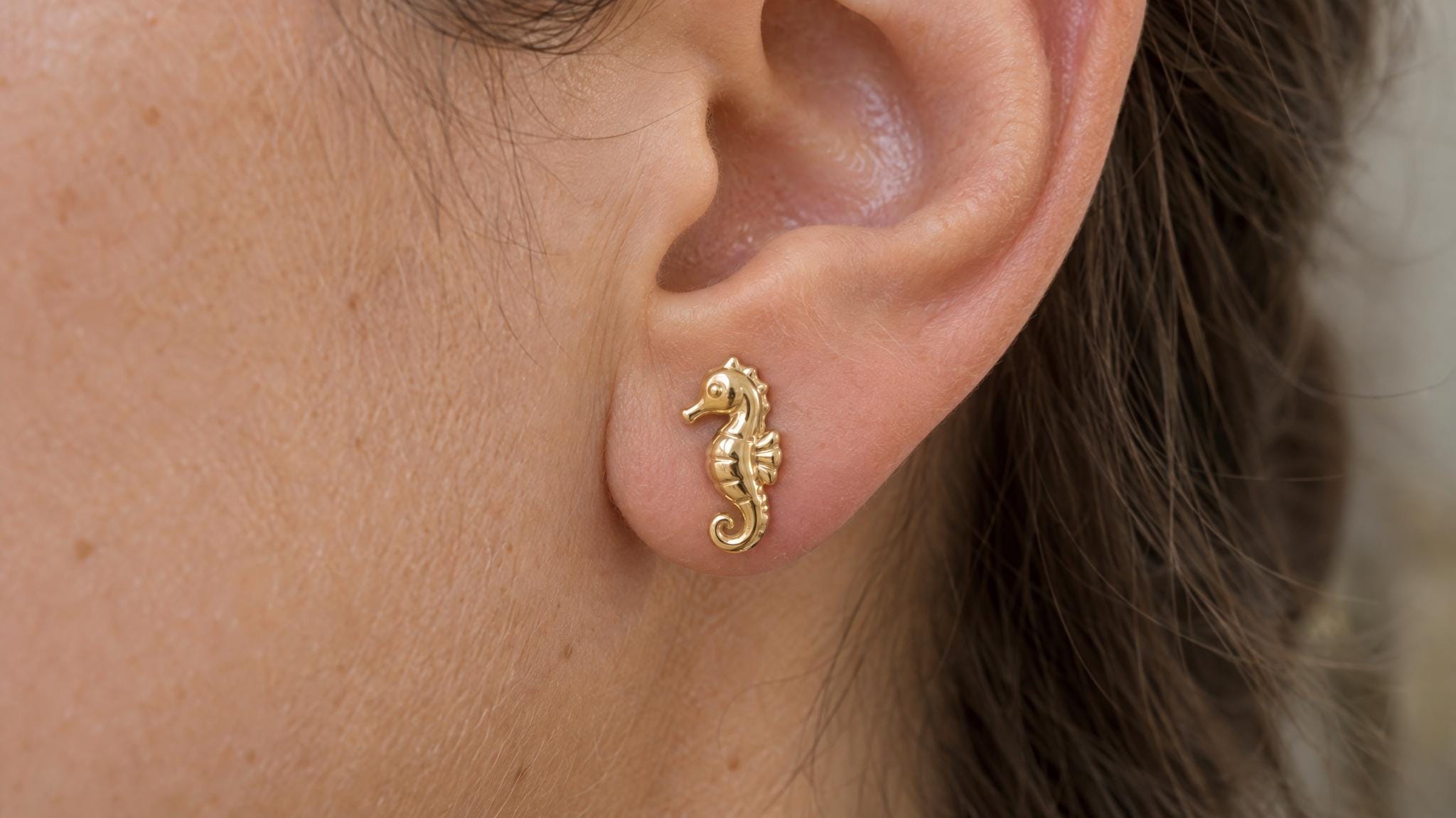 14k Solid Gold Seahorse Earrings: Marine Life Jewelry Studs in Yellow Gold, Rose, White, or Silver