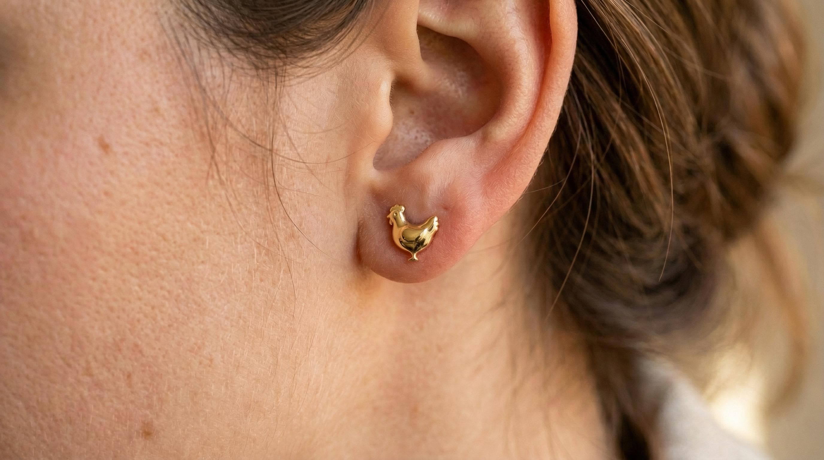 14k Solid Gold Chicken Earrings: Rooster Jewelry Studs in Yellow Gold, Rose, White, or Silver