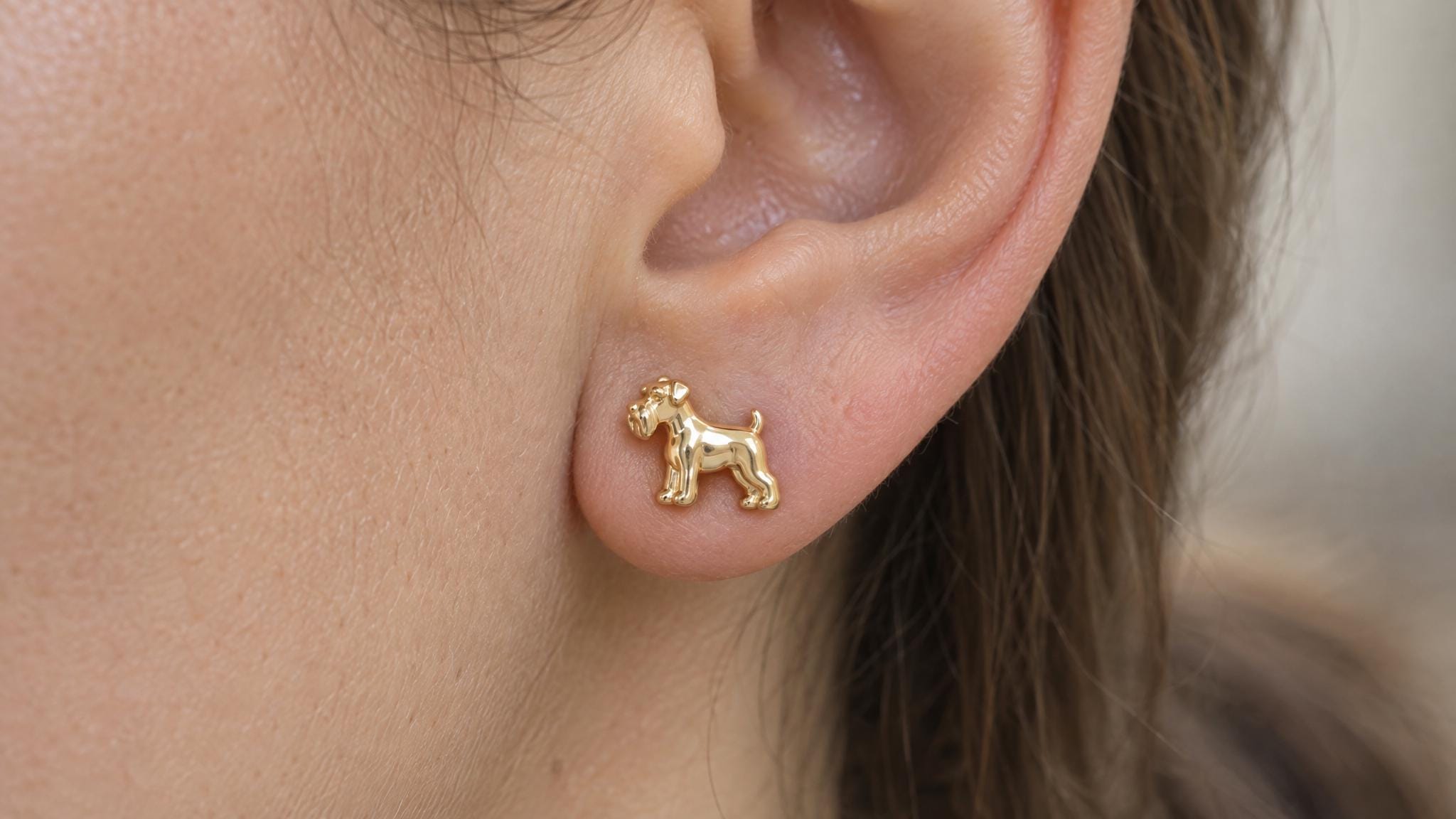 14k Solid Gold Miniature Schnauzer Earrings: Schnauzer Dog Jewelry Studs in Yellow Gold, Rose, White, or Silver