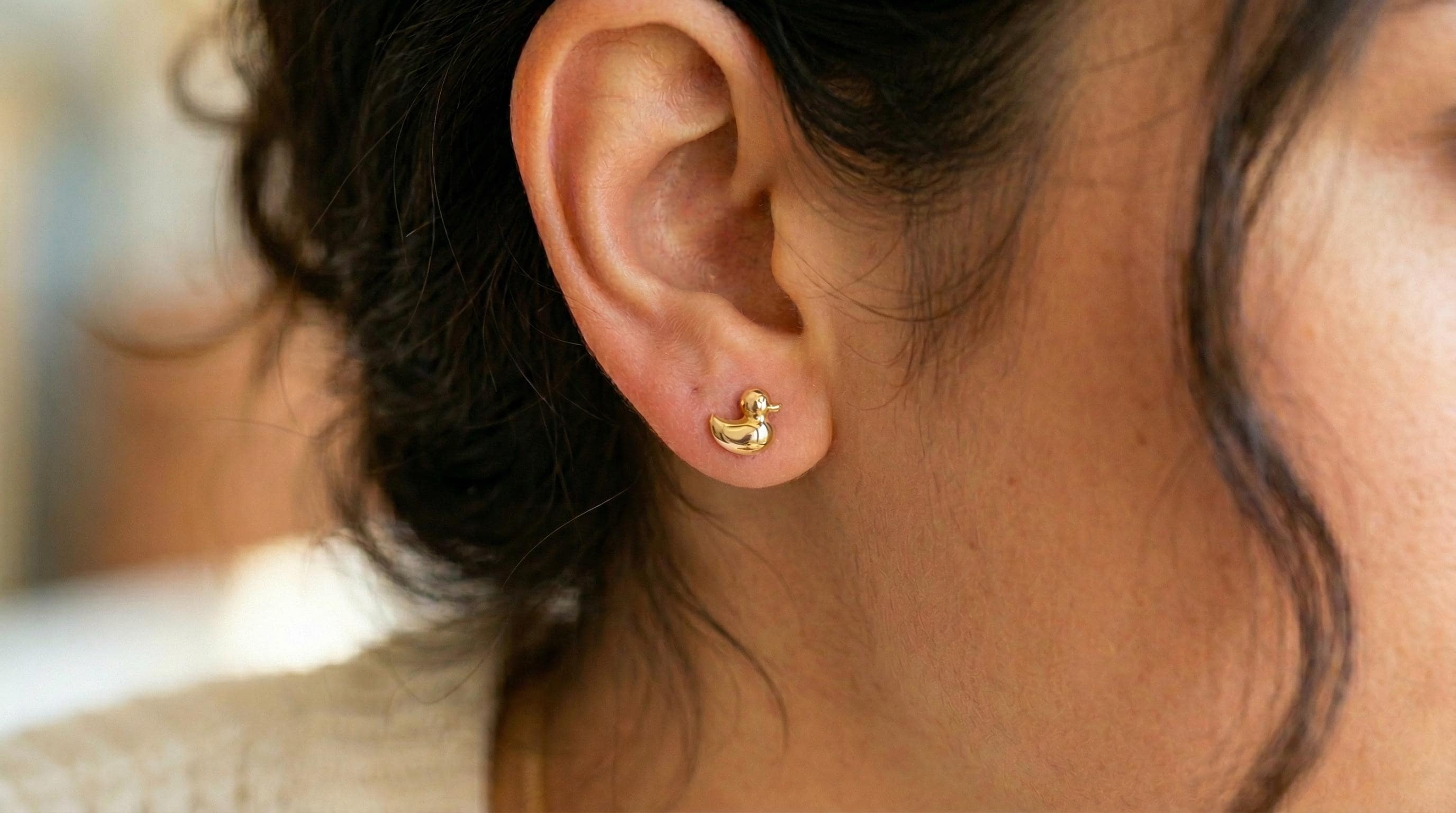 14k Solid Gold Duck Earrings: Duckling Jewelry Studs in Yellow Gold, Rose, White, or Silver