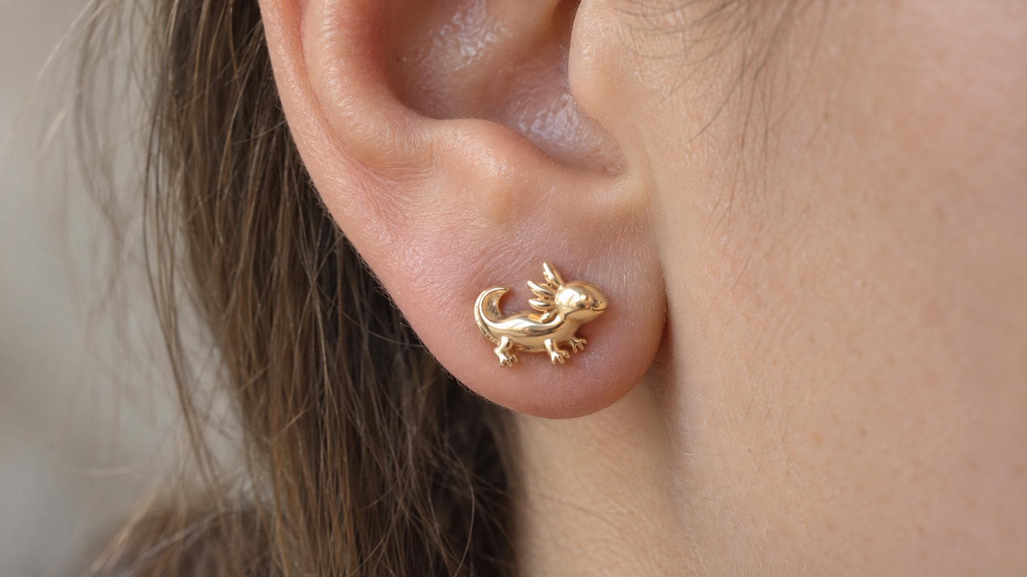 14k Solid Gold Axolotl Earrings: Unique Amphibian Jewelry Studs in Yellow Gold, Rose, White, or Silver