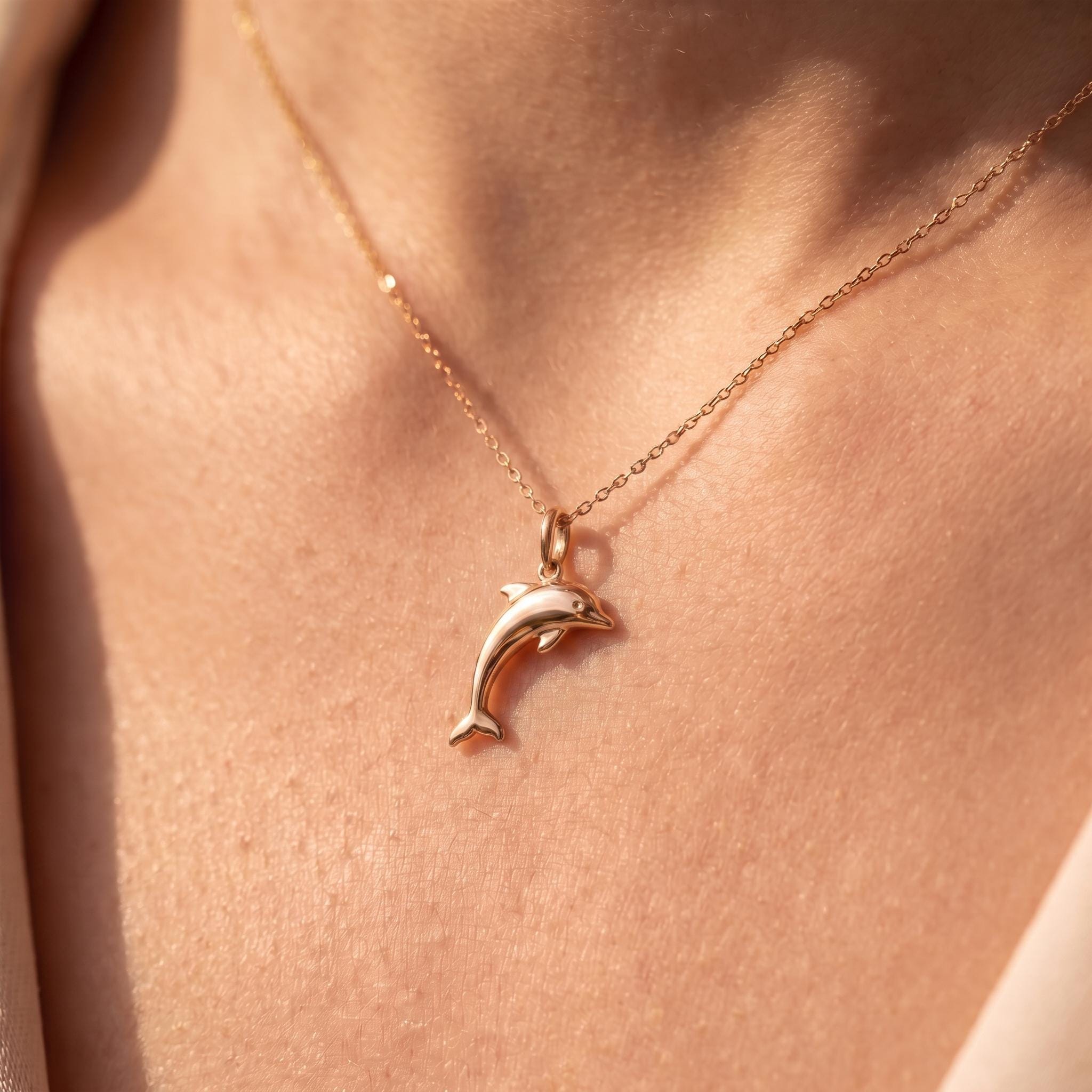 Solid Gold Dolphin Pendant Necklace: Minimalist Dainty Ocean Coastal Charm