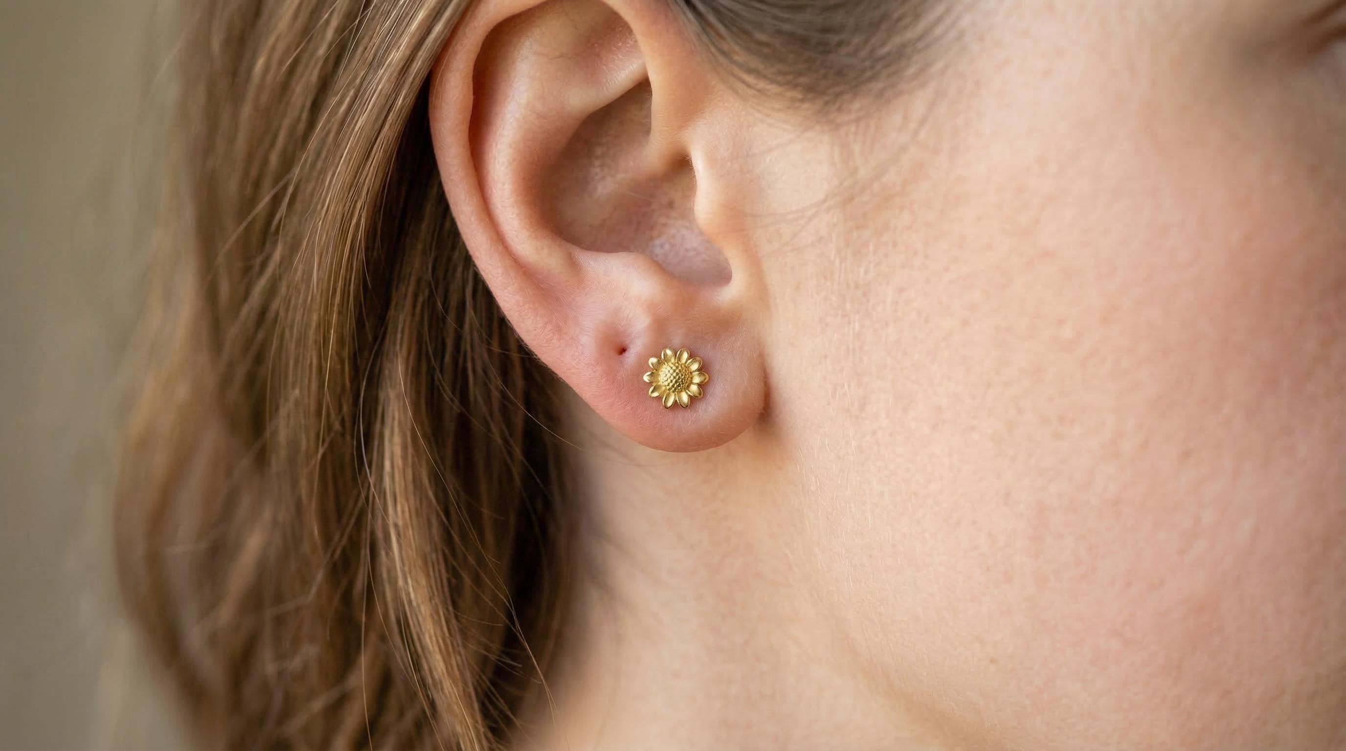 14k Solid Gold Sunflower Earrings: Flower Jewelry Studs in Yellow Gold, Rose, White, or Silver
