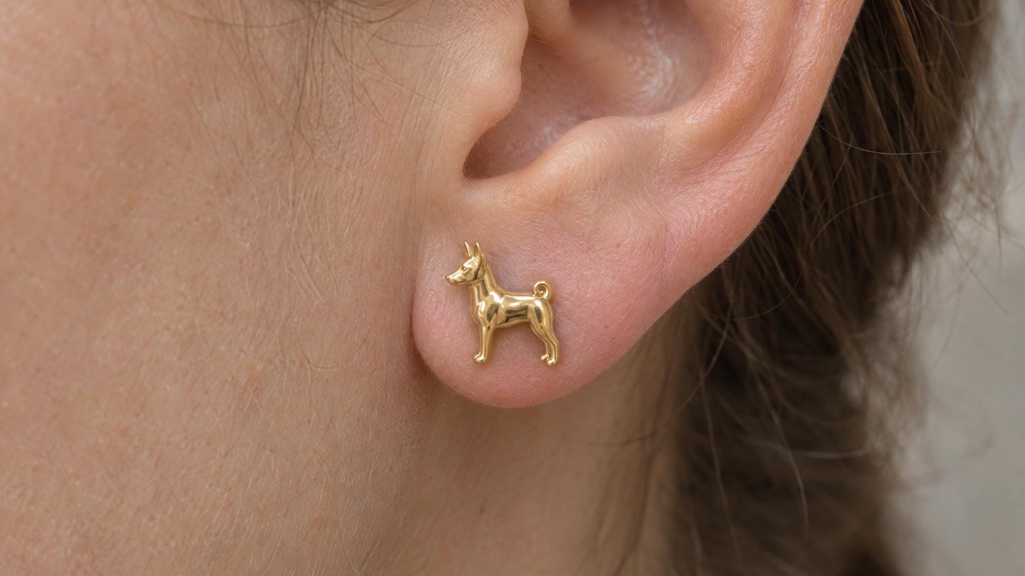 14k Solid Gold Basenji Earrings: African Dog Jewelry Studs in Yellow Gold, Rose, White, or Silver