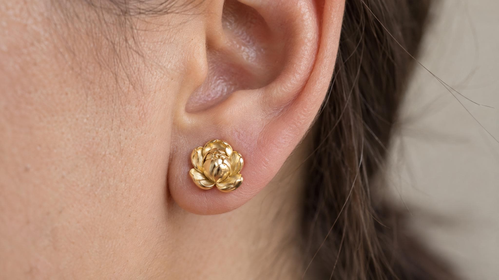 14k Solid Gold Peony Earrings: Floral Jewelry Studs in Yellow Gold, Rose, White, or Silver