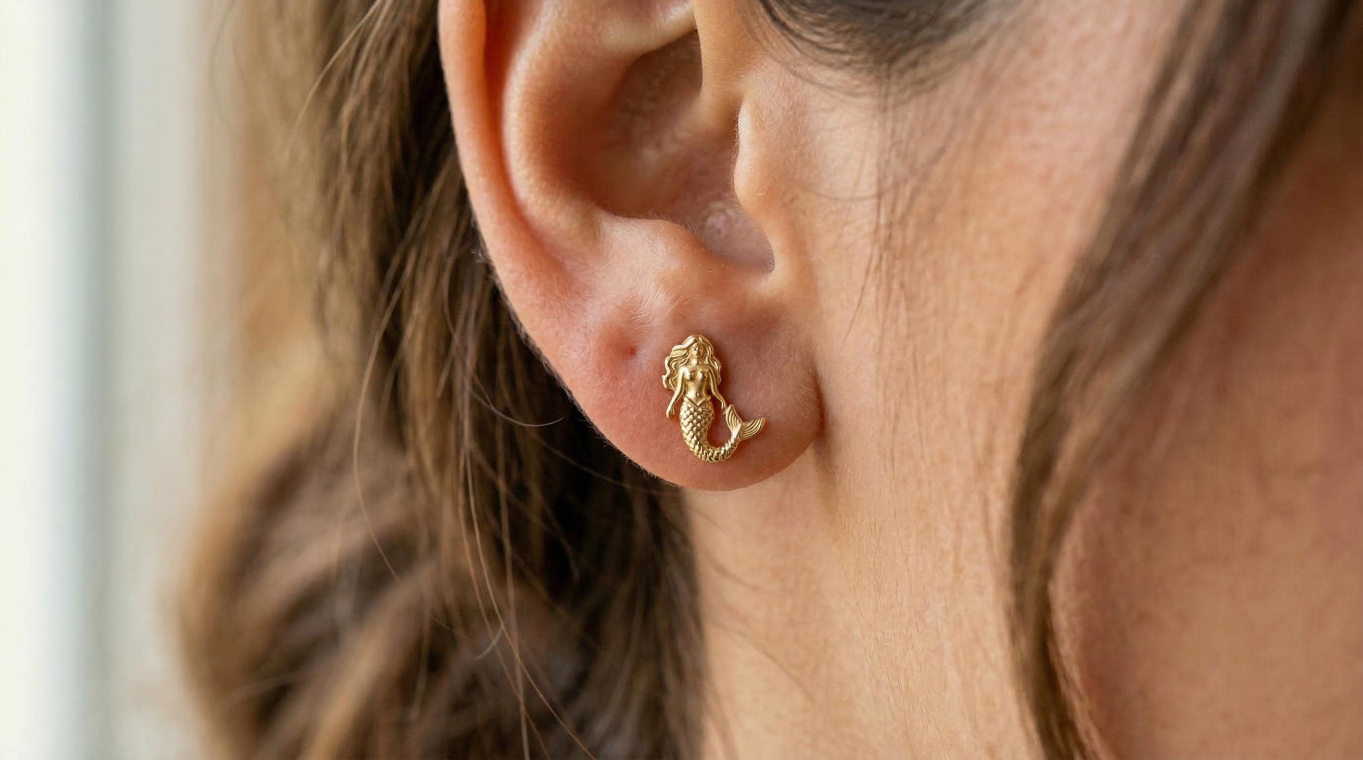 14k Solid Gold Mermaid Earrings: Mautical Jewelry Studs in Yellow Gold, Rose, White, or Silver