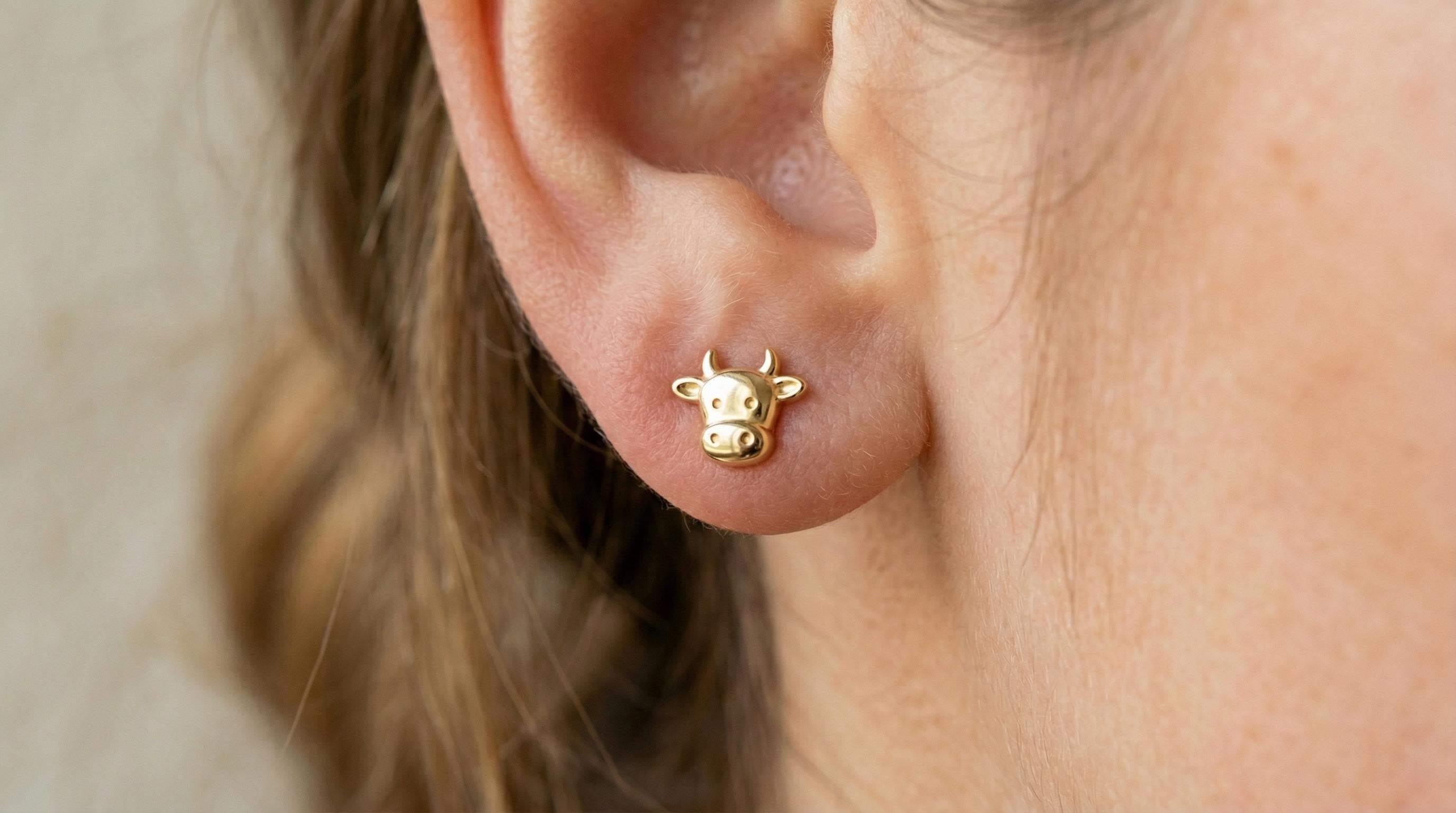 14k Solid Gold Cow Earrings: Farm Jewelry Studs in Yellow, Rose, White, or Silver