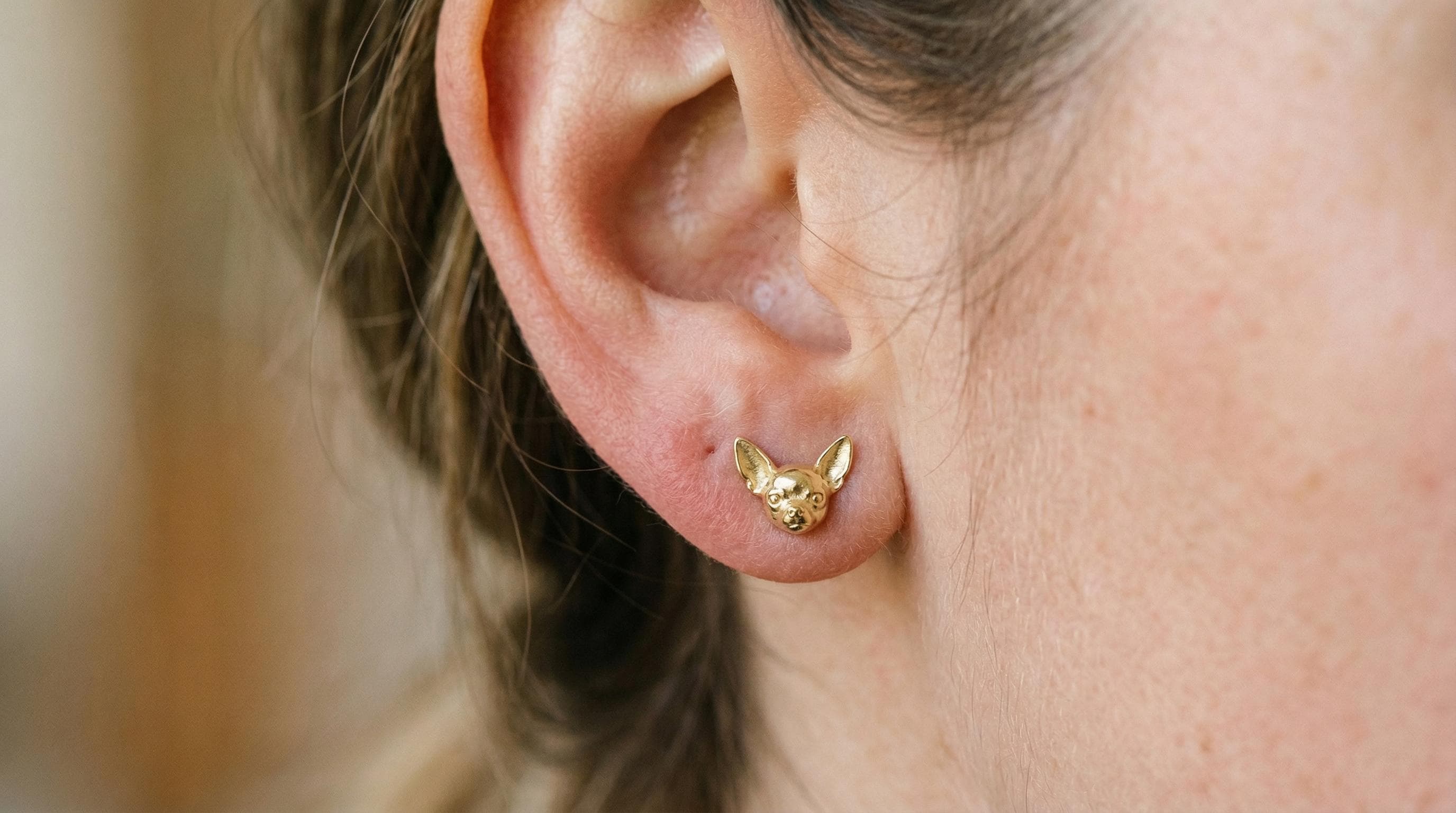 14k Solid Gold Chihuahua Earrings: Chihuahua Jewelry Studs in Yellow, Rose, White, or Silver