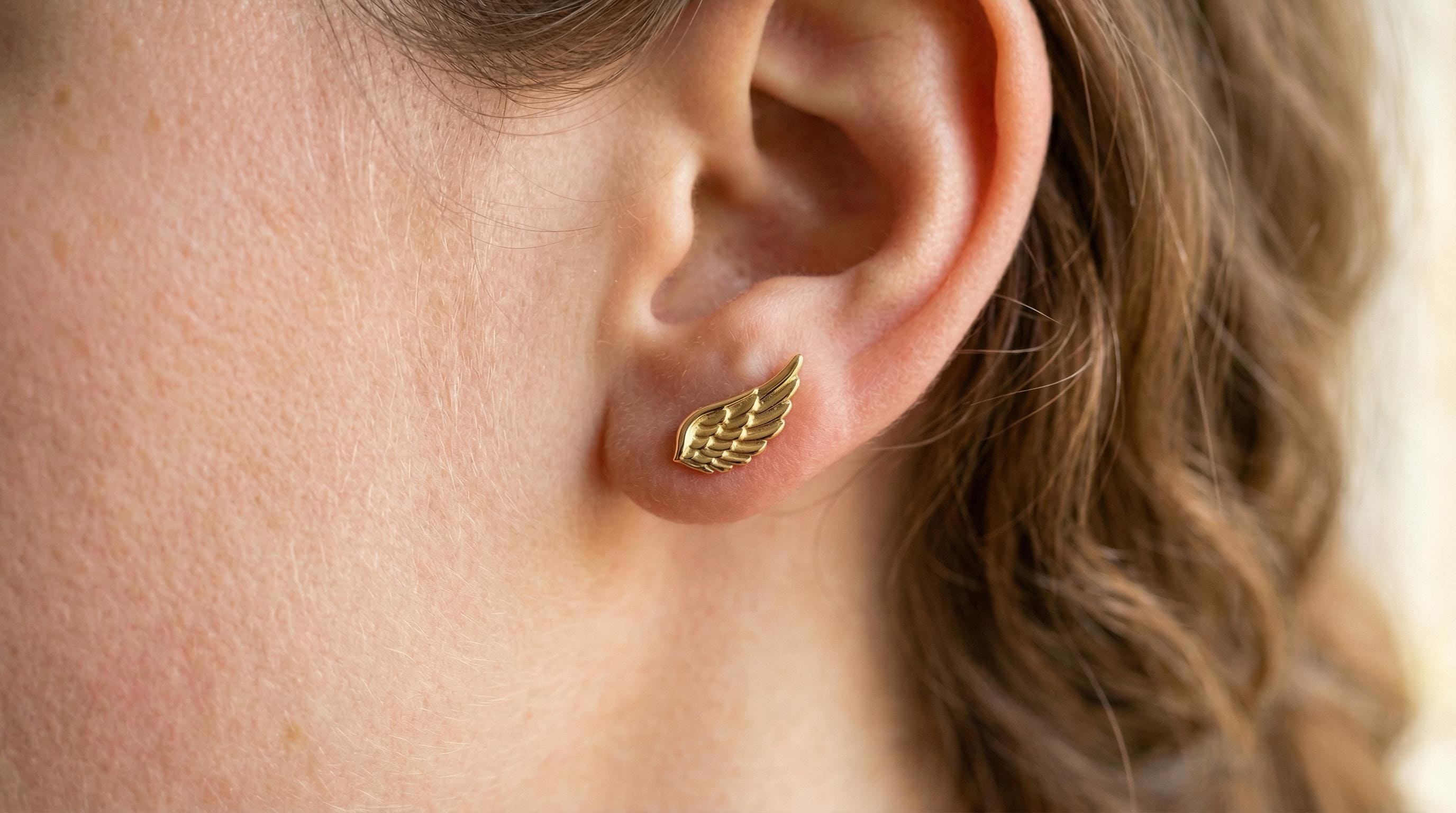 14k Solid Gold Angel Wings Earrings: Angel Jewelry Studs in Yellow, Rose, White, or Silver