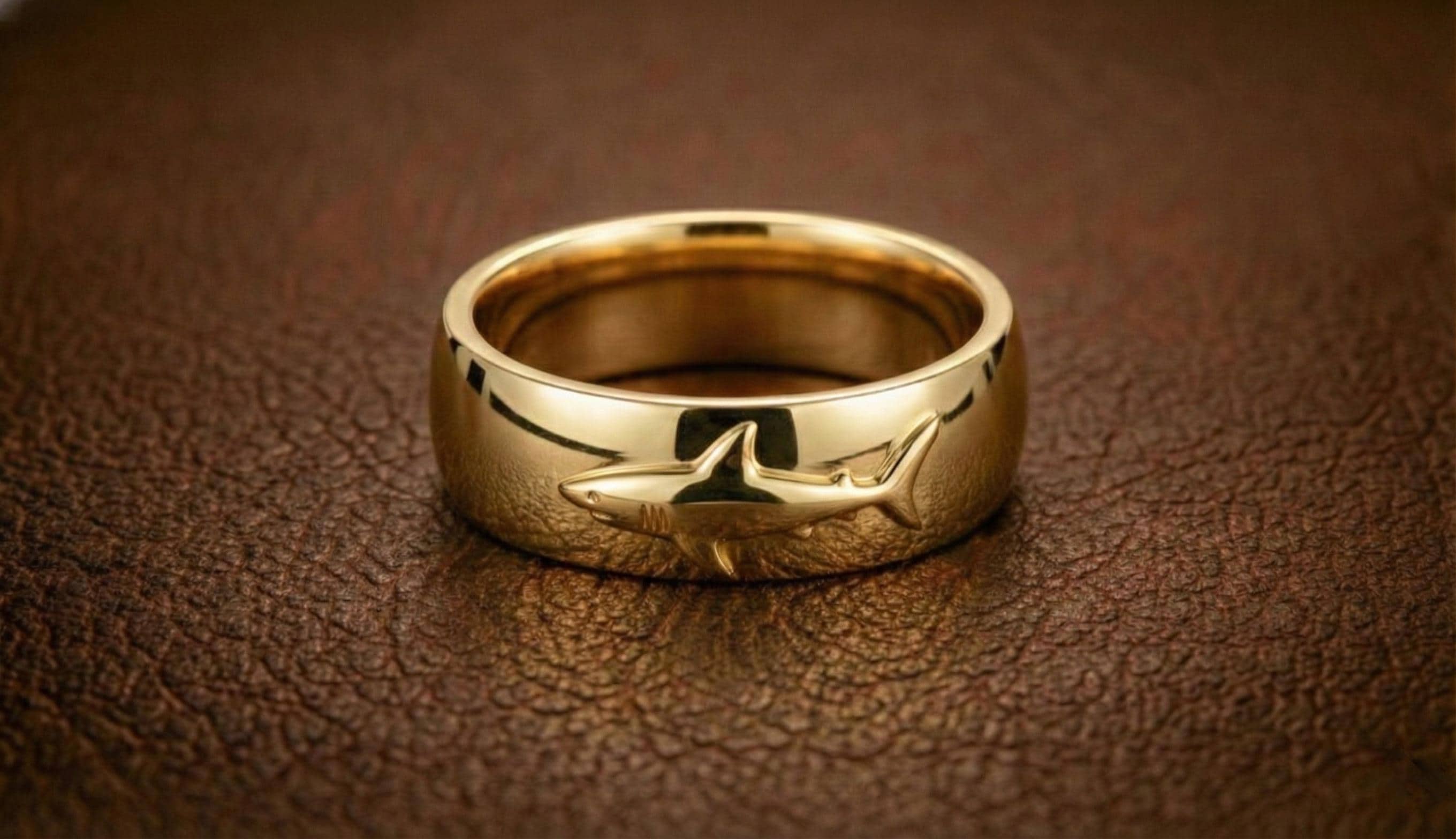 Men's Yellow Gold Shark Ring: White Shark Wedding Band in Gold