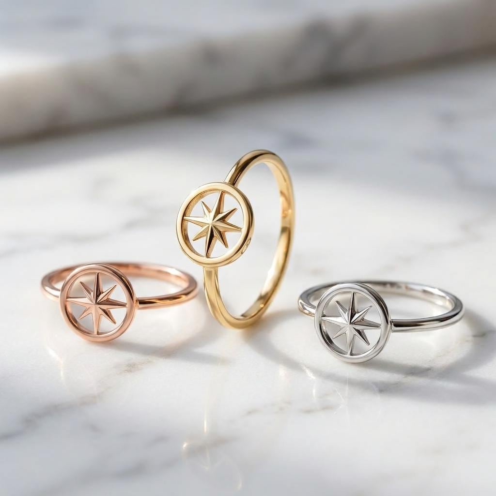 Dainty Solid Yellow Gold Compass Ring Minimalist Explorer Jewelry