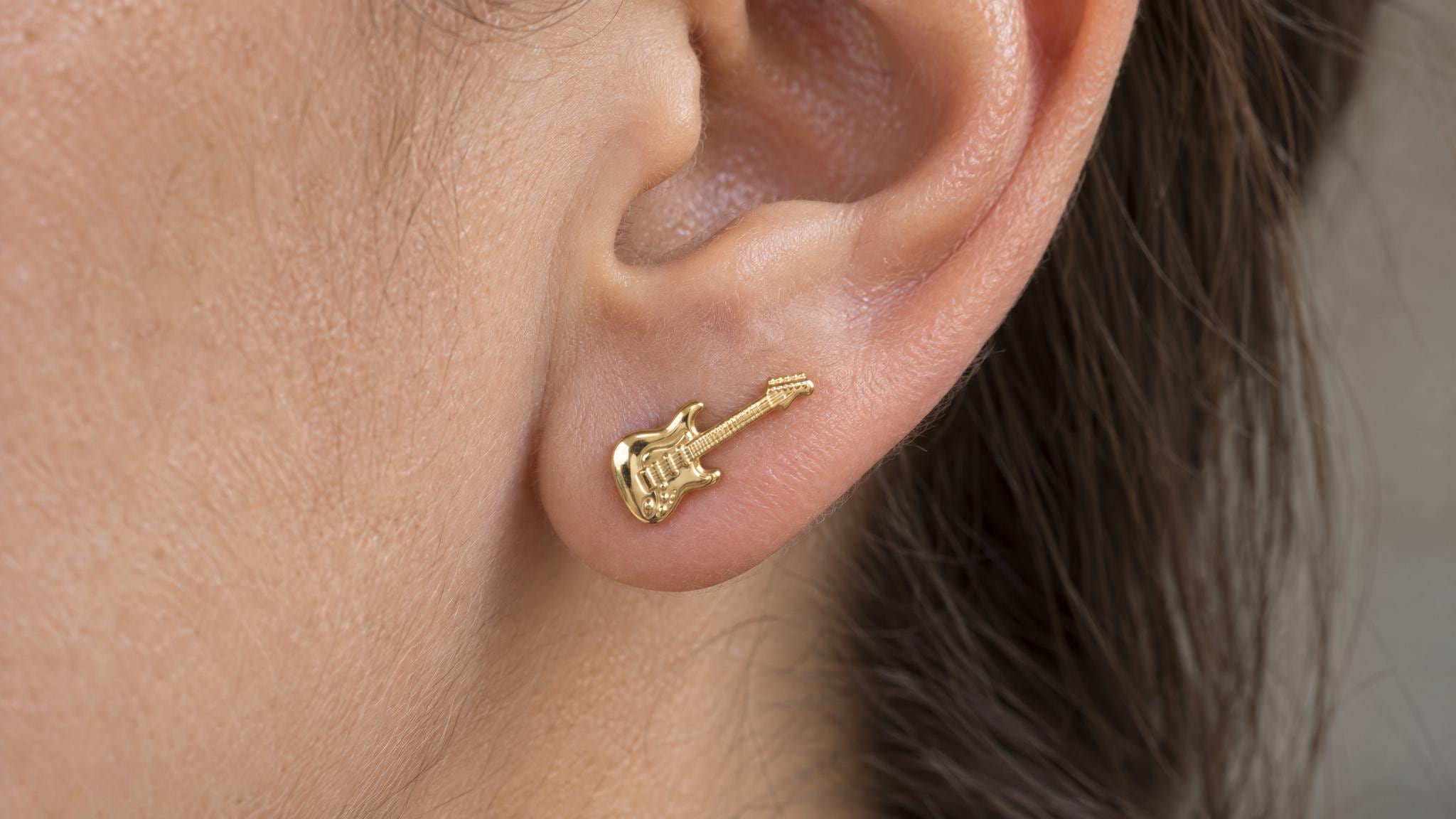 14k Solid Gold Electric Guitar Earrings: Musical Instrument Jewelry Studs in Yellow Gold, Rose, White, or Silver