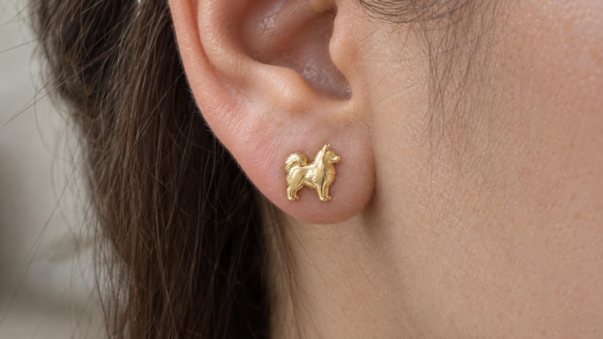 14k Solid Gold Samoyed Earrings: Fluffy Dog Jewelry Studs in Yellow Gold, Rose, White, or Silver