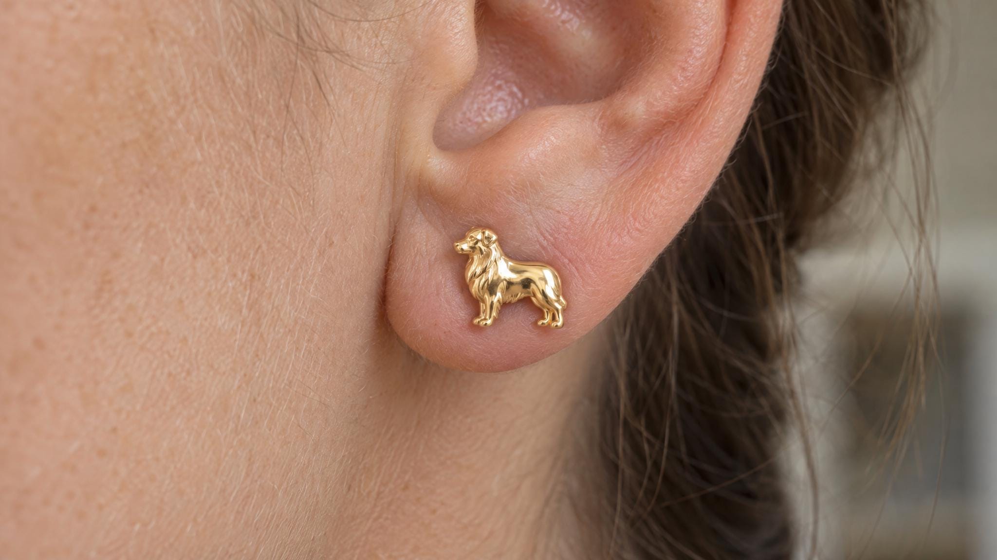14k Solid Gold Australian Shepherd Earrings: Shepherd Dog Jewelry Studs in Yellow Gold, Rose, White, or Silver