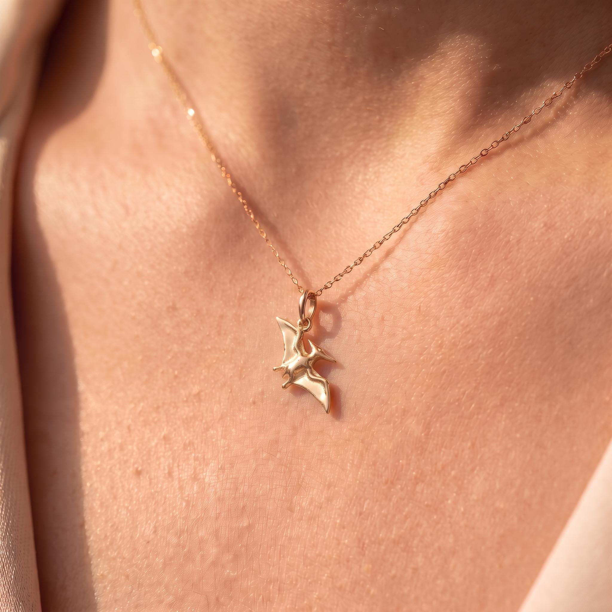 Solid Gold Gold Pterodactyl Charm Necklace – Minimalist Jurassic Dinosaur Pendant