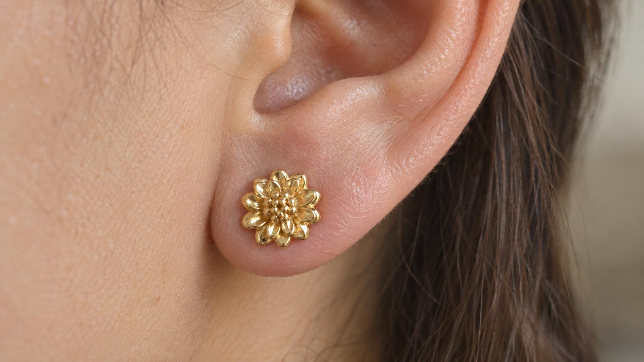 14k Solid Gold Chrysanthemum Earrings: Floral Jewelry Studs in Yellow Gold, Rose, White, or Silver
