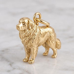 May include: A three-dimensional gold charm shaped like a standing dog with long, textured fur and a detailed face. The charm features a small, circular jump ring attached to the top, allowing it to be suspended from a chain or bracelet.