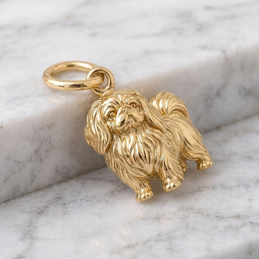 Solid Gold Pekingese Bracelet Charm in Yellow, Rose, White Gold or Sterling Silver