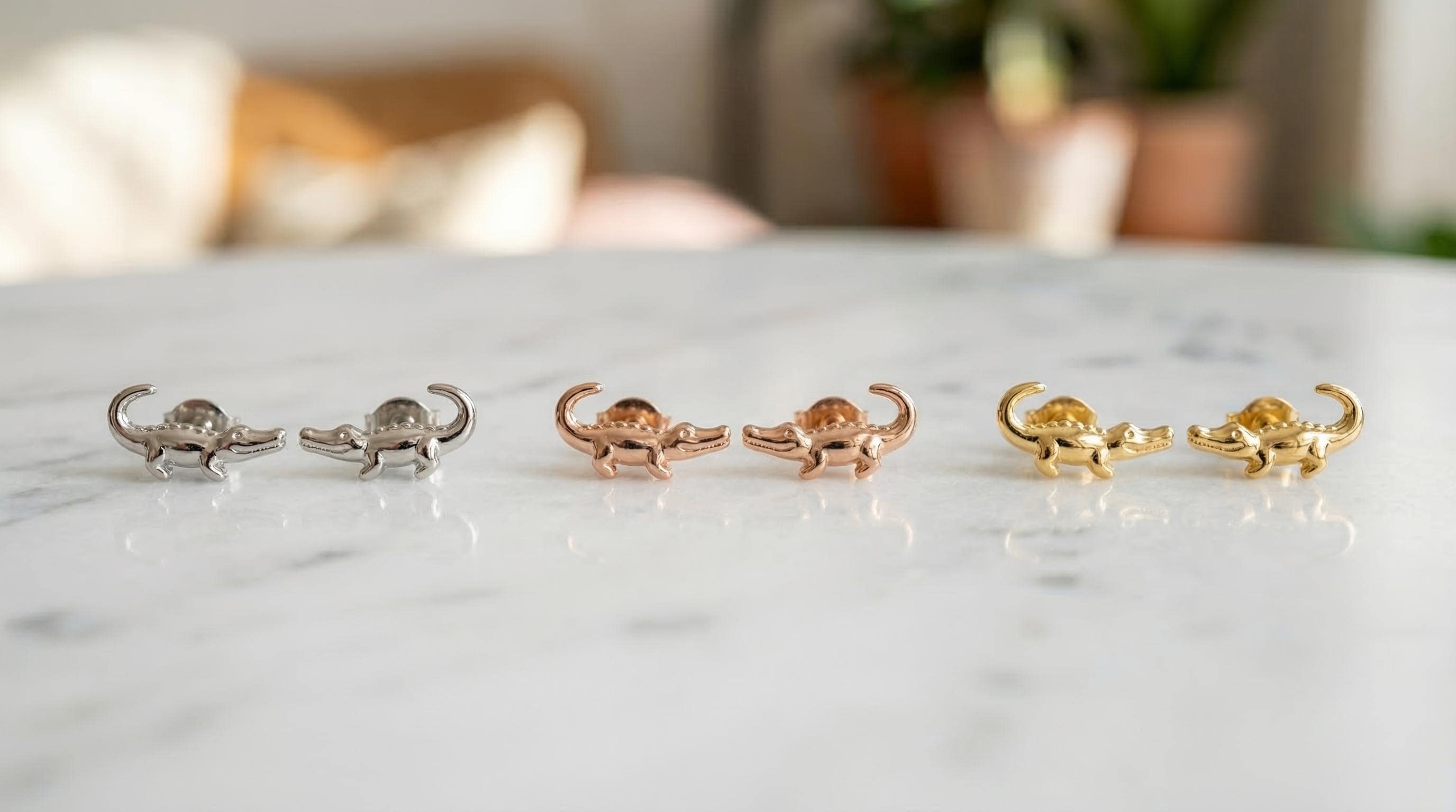 14k Solid Gold Crocodile Earrings: Crocodile Jewelry Studs in Yellow Gold, Rose, White, or Silver