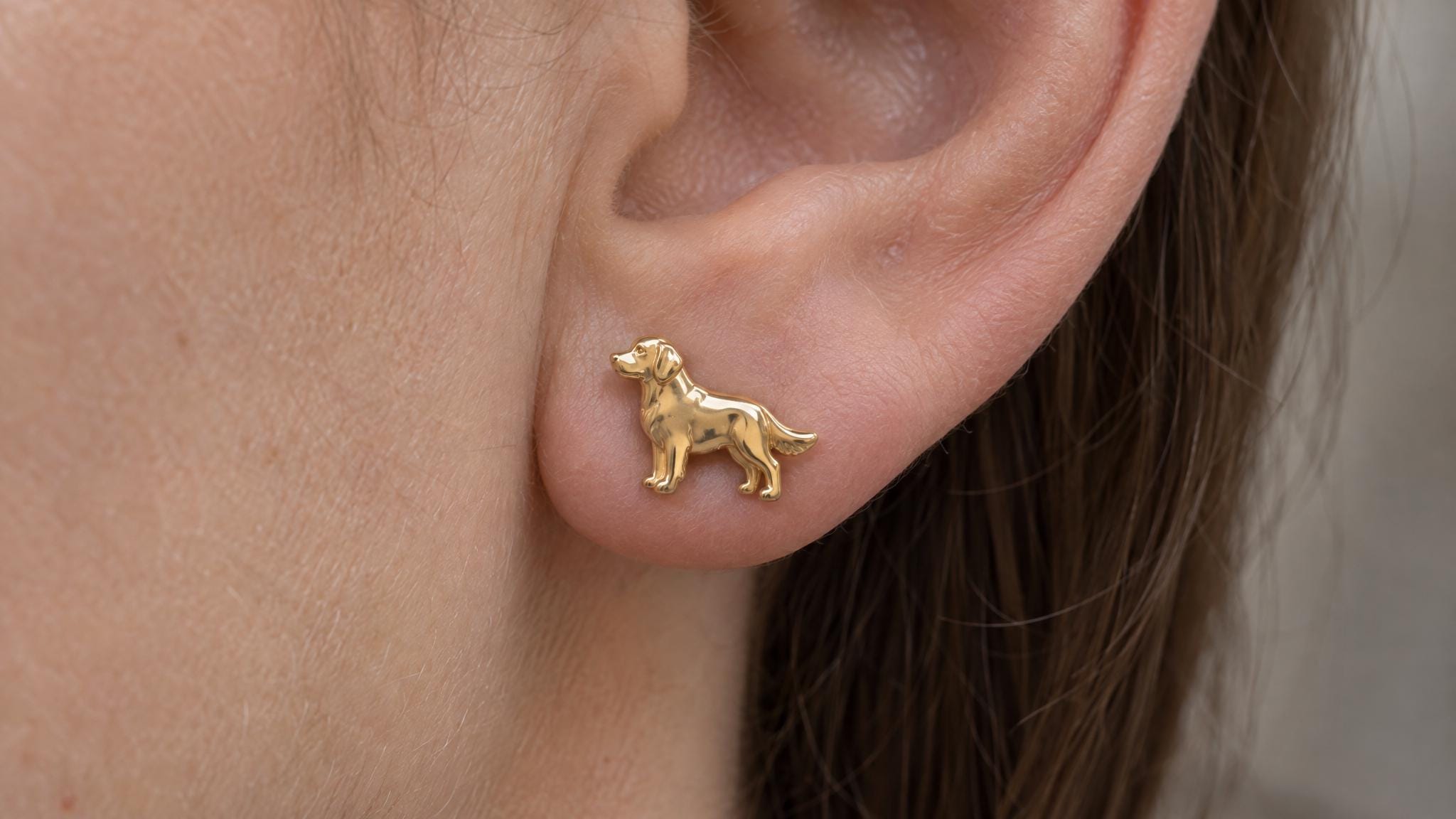 14k Solid Gold Golden Retriever Earrings: Retriever Dog Jewelry Studs in Yellow Gold, Rose, White, or Silver