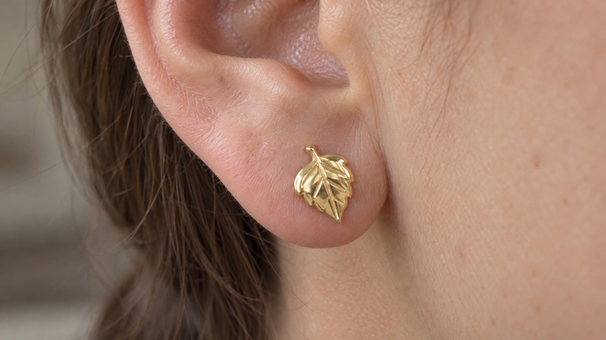 14k Solid Gold Birch Leaf Earrings: Nature Inspired Leaf Jewelry Studs in Yellow Gold, Rose, White, or Silver