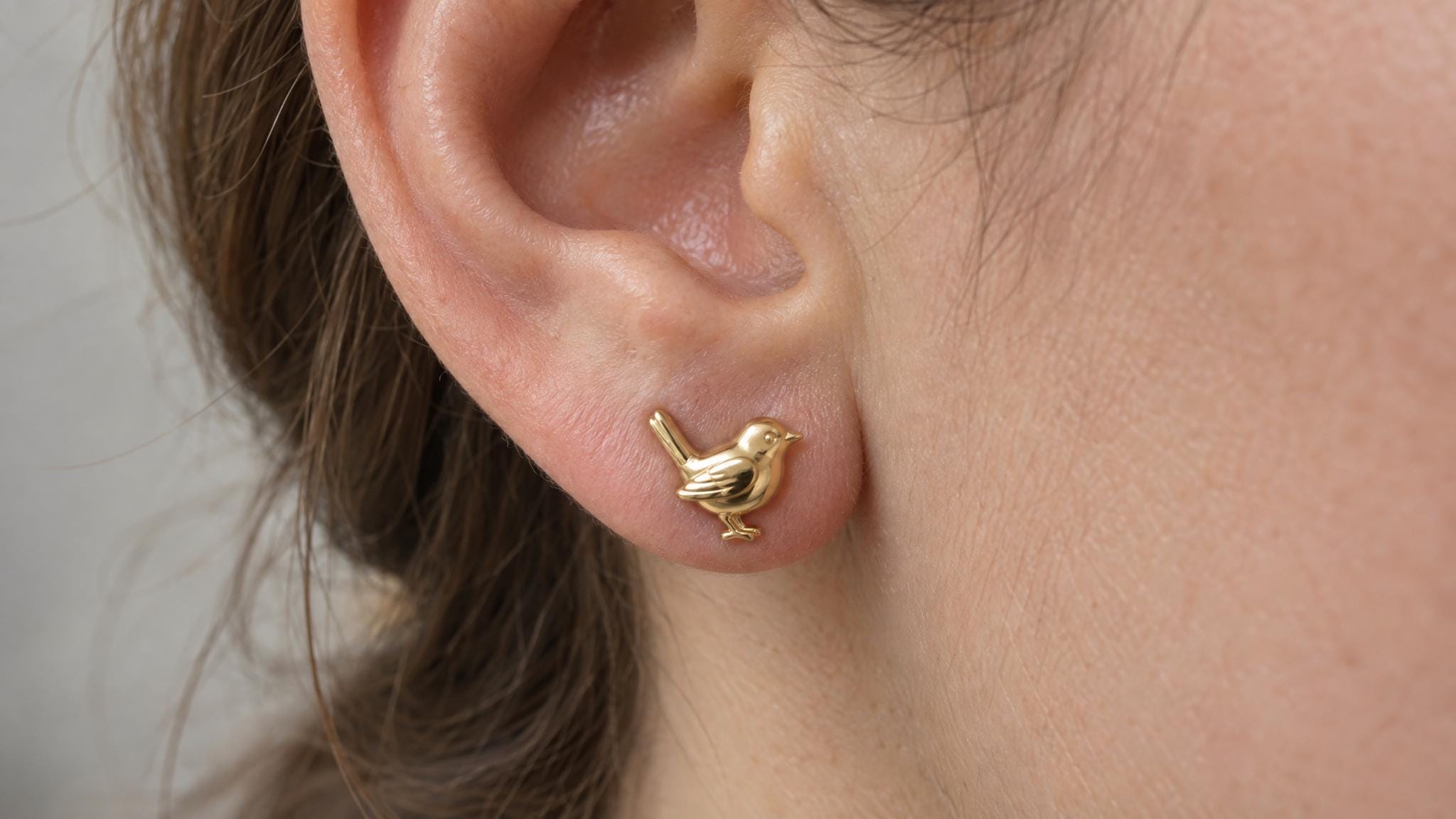 14k Solid Gold Wren Bird Earrings: Songbird Jewelry Studs in Yellow Gold, Rose, White, or Silver