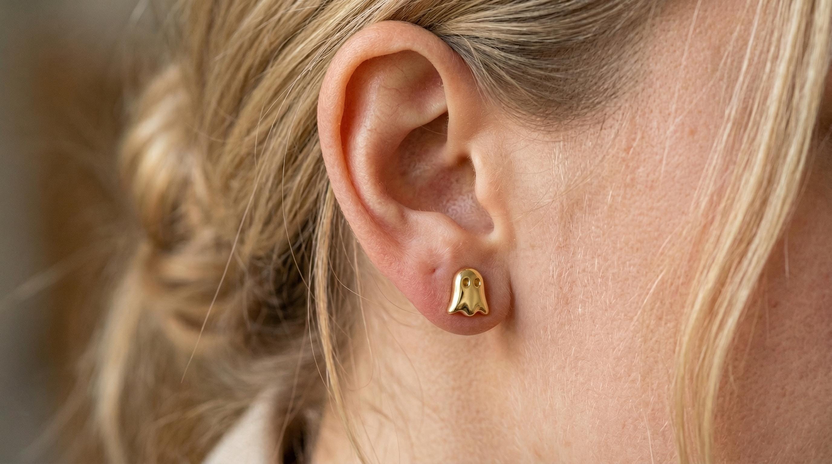 14k Solid Gold Ghost Earrings: Ghost Halloween Jewelry Studs in Yellow Gold, Rose, White, or Silver